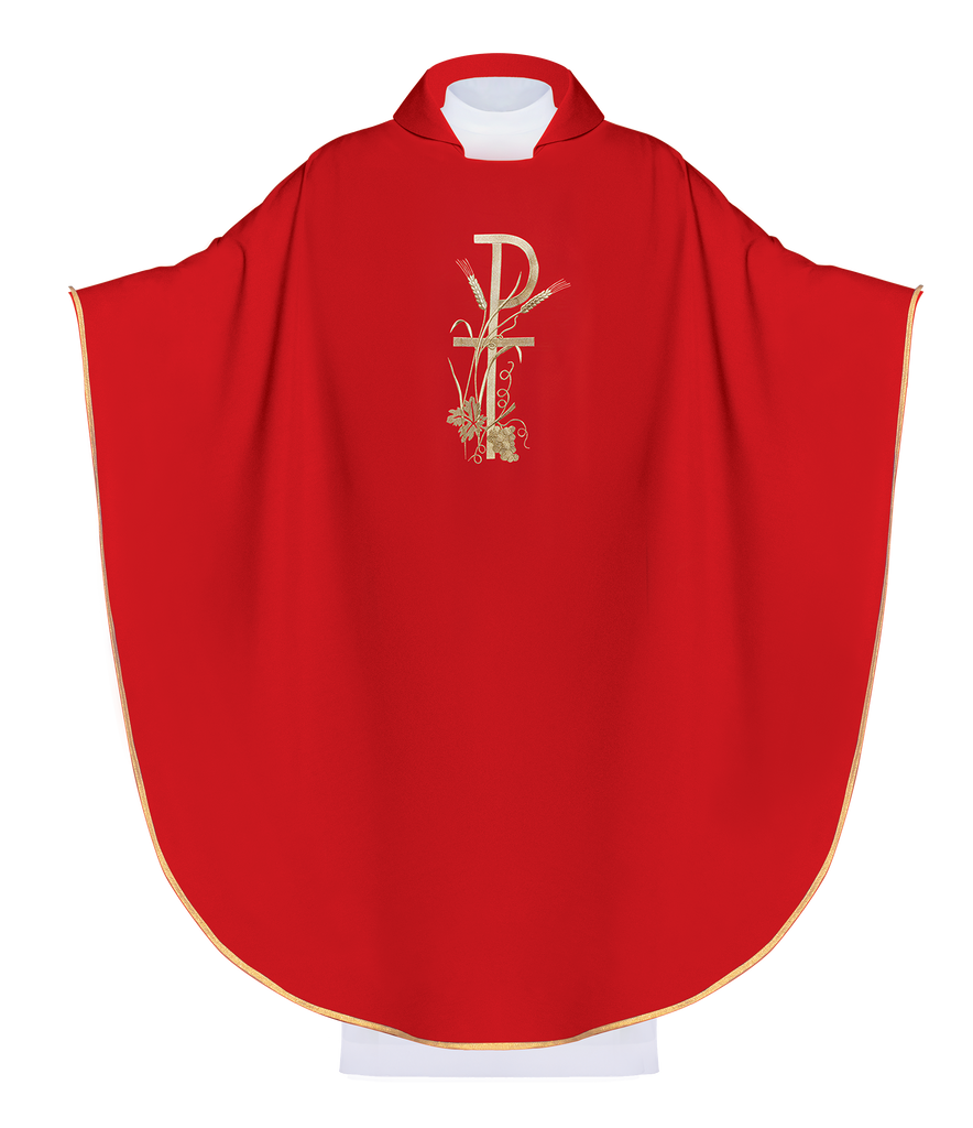 Red chasuble with wide collar and gold cross embroidery