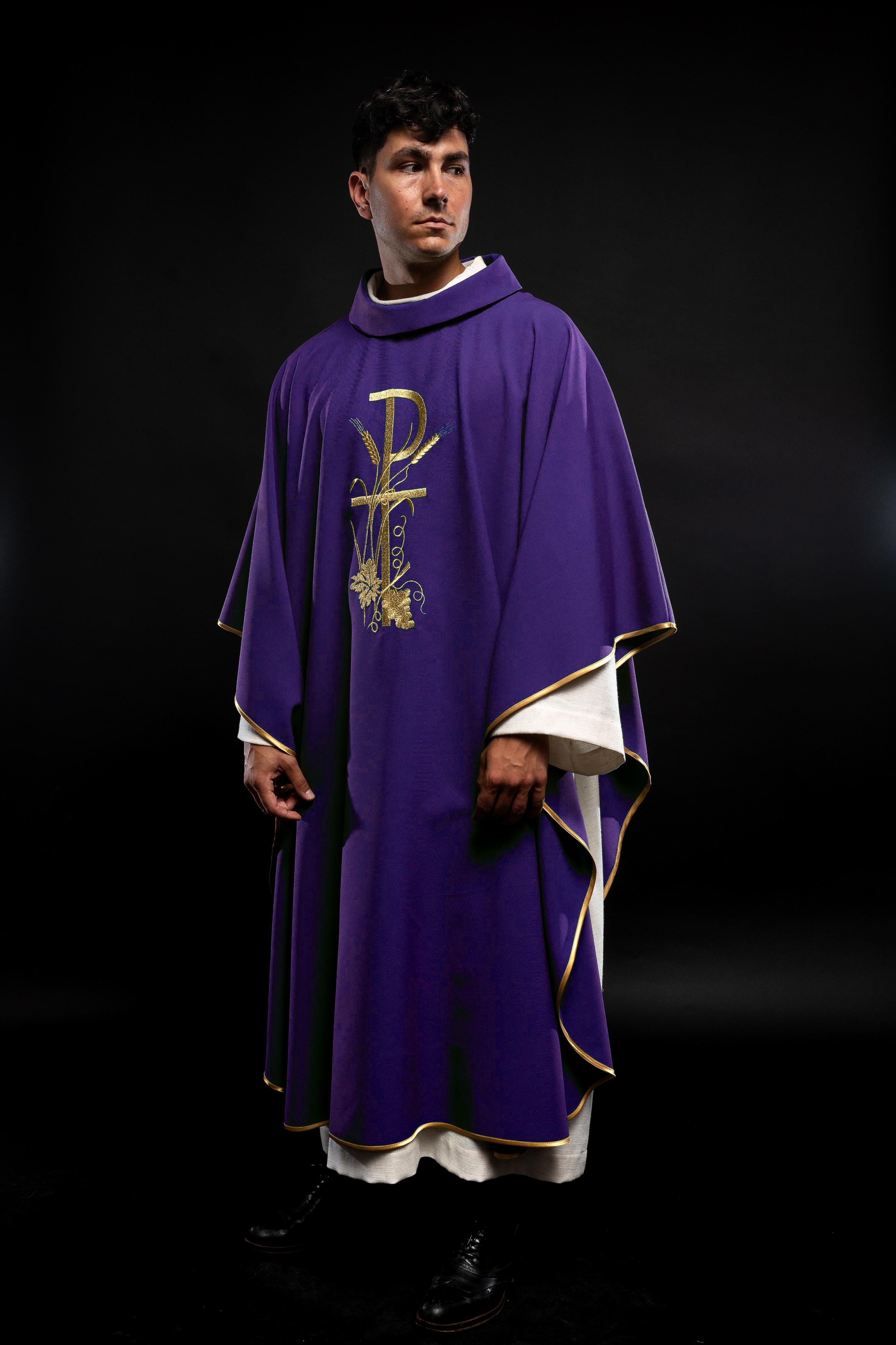 Purple chasuble with golden cross embroidery