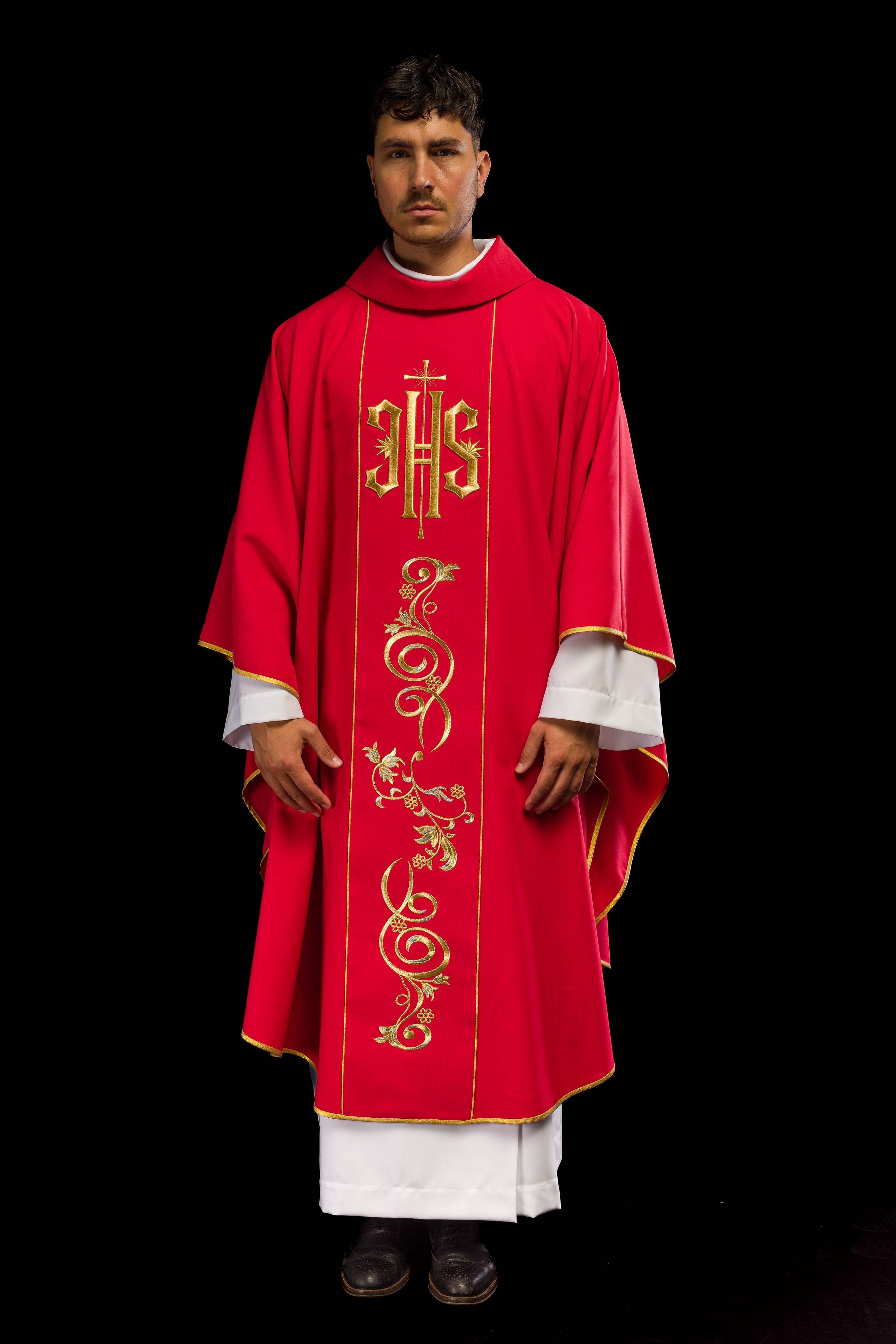 Red chasuble embroidered with IHS