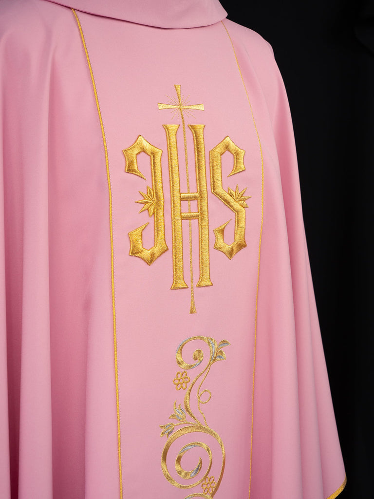 Pink chasuble made of natural texture with gold embroidered IHS motif