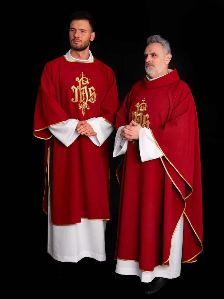 Red dalmatic chasuble with gold IHS