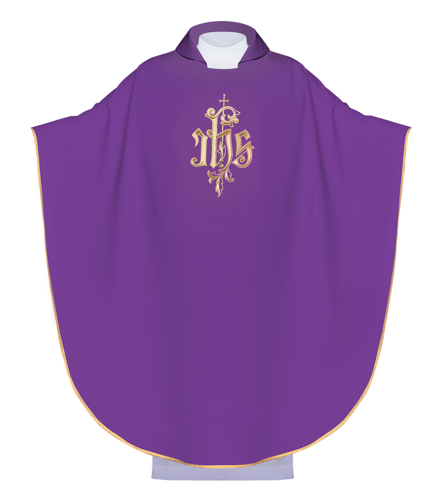 Purple chasuble with wide collar and gold IHS embroidery