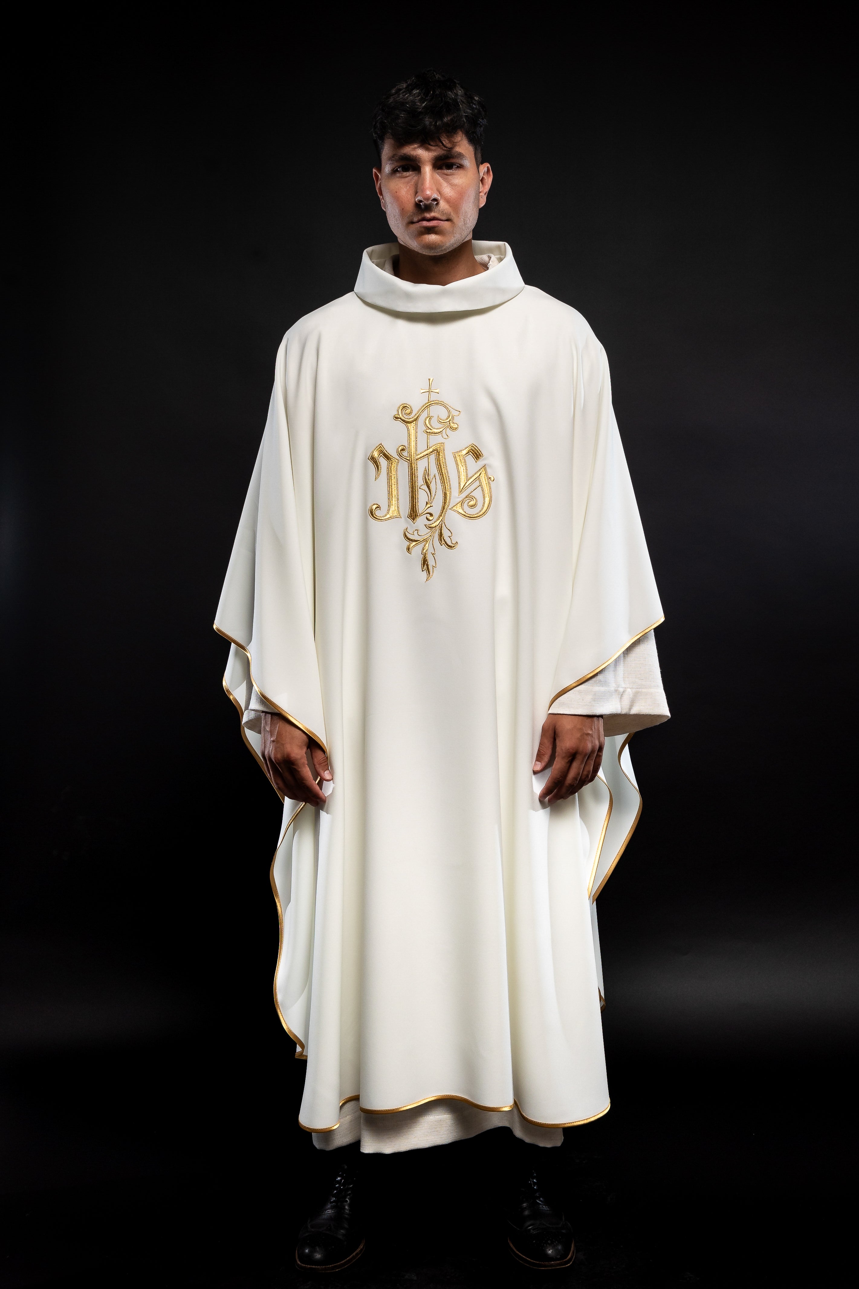 Simple ecru chasuble with gold JHS