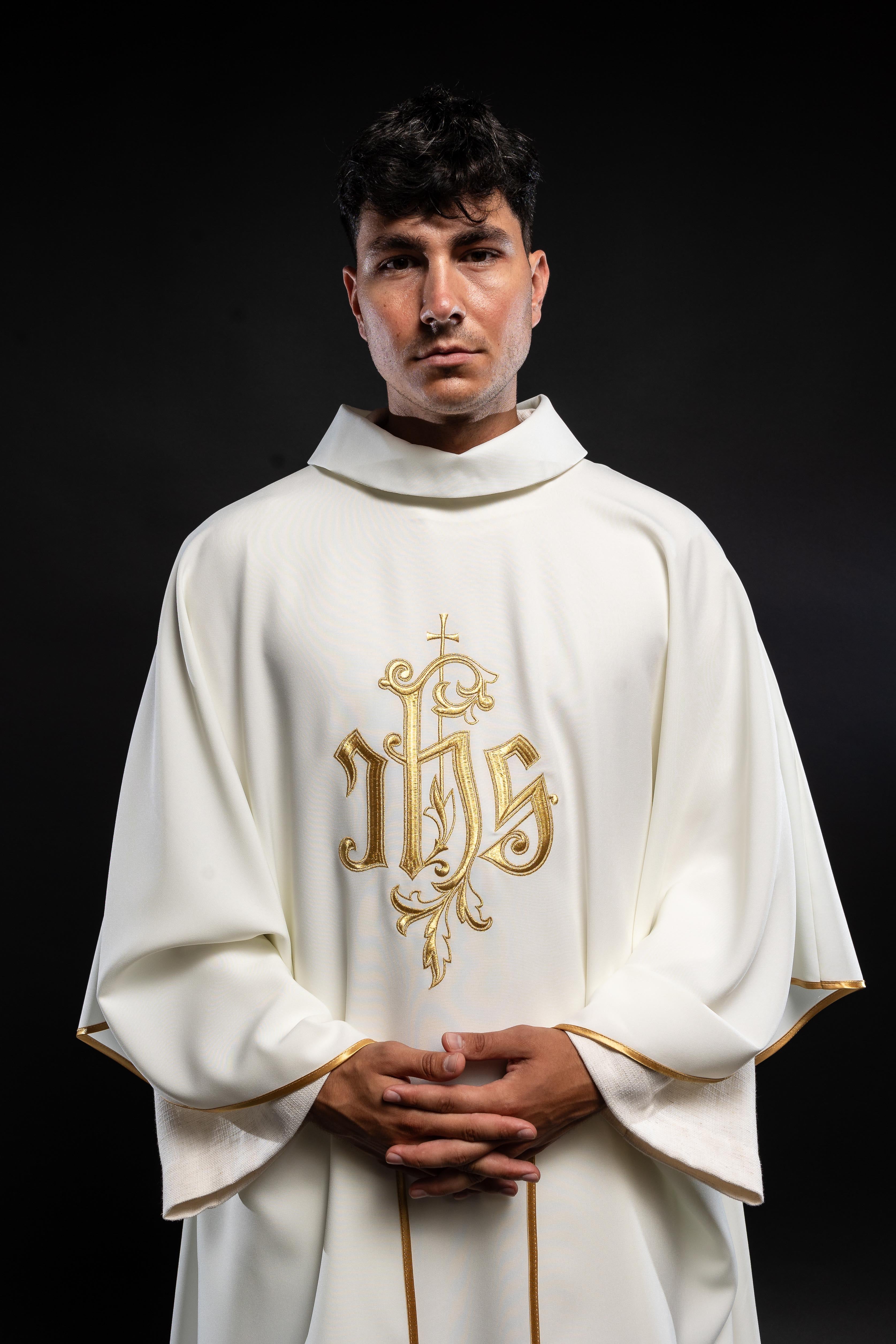 Simple ecru chasuble with gold JHS