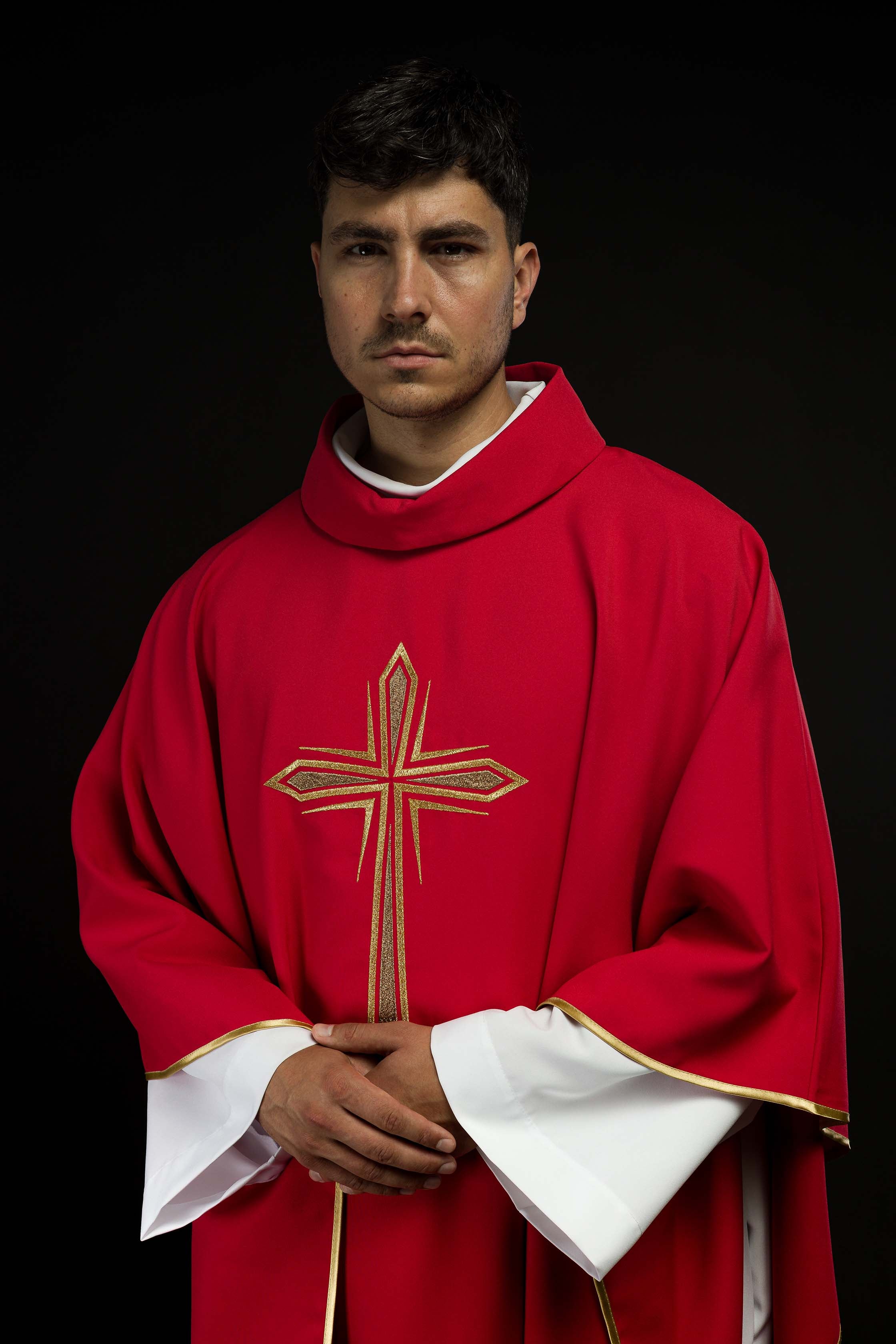 Red chasuble embroidered with cross pattern