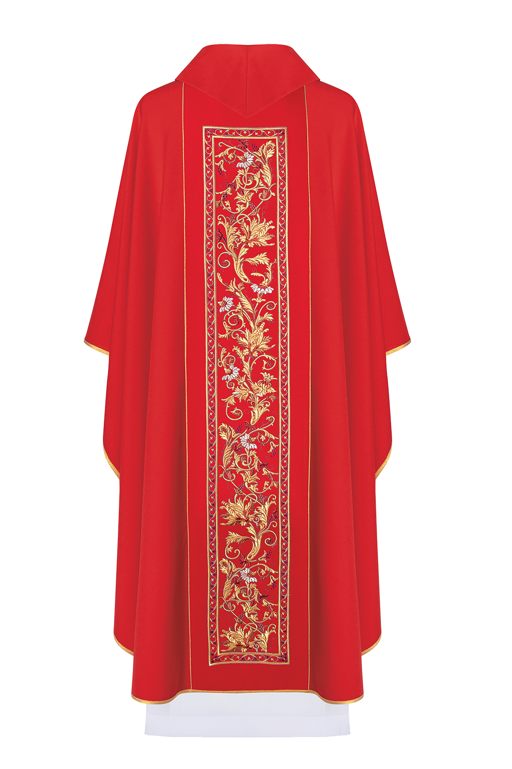 Red chasuble with gold JHS and modern embroidery motif