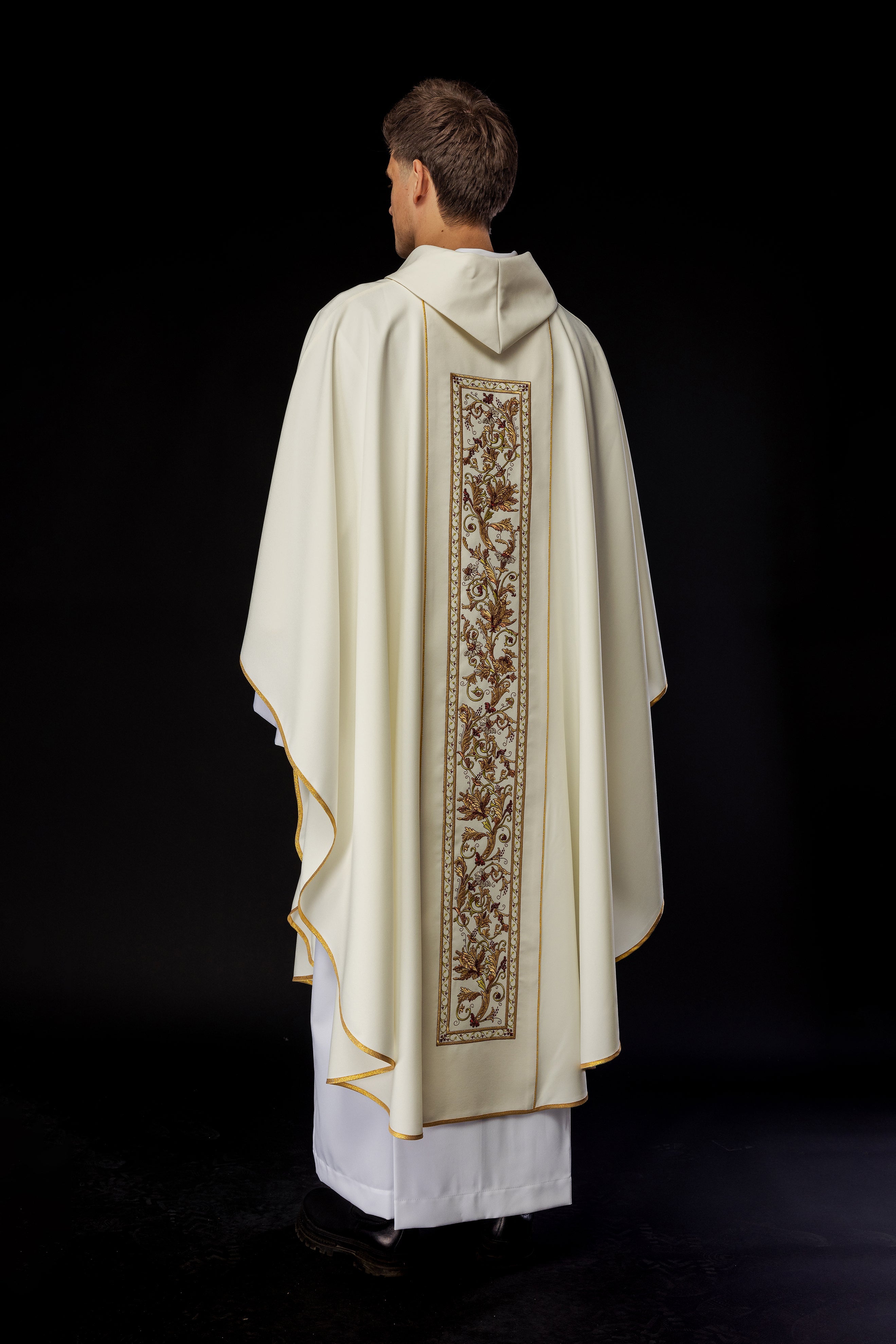 Chasuble richly adorned with IHS motif in ecru