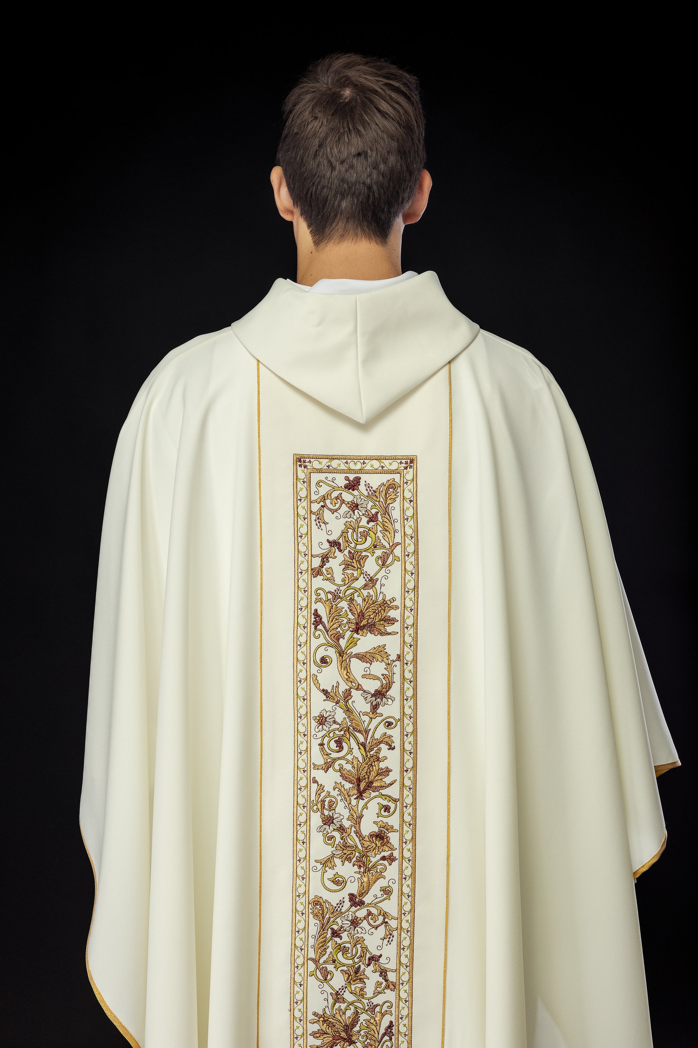 Chasuble richly adorned with IHS motif in ecru