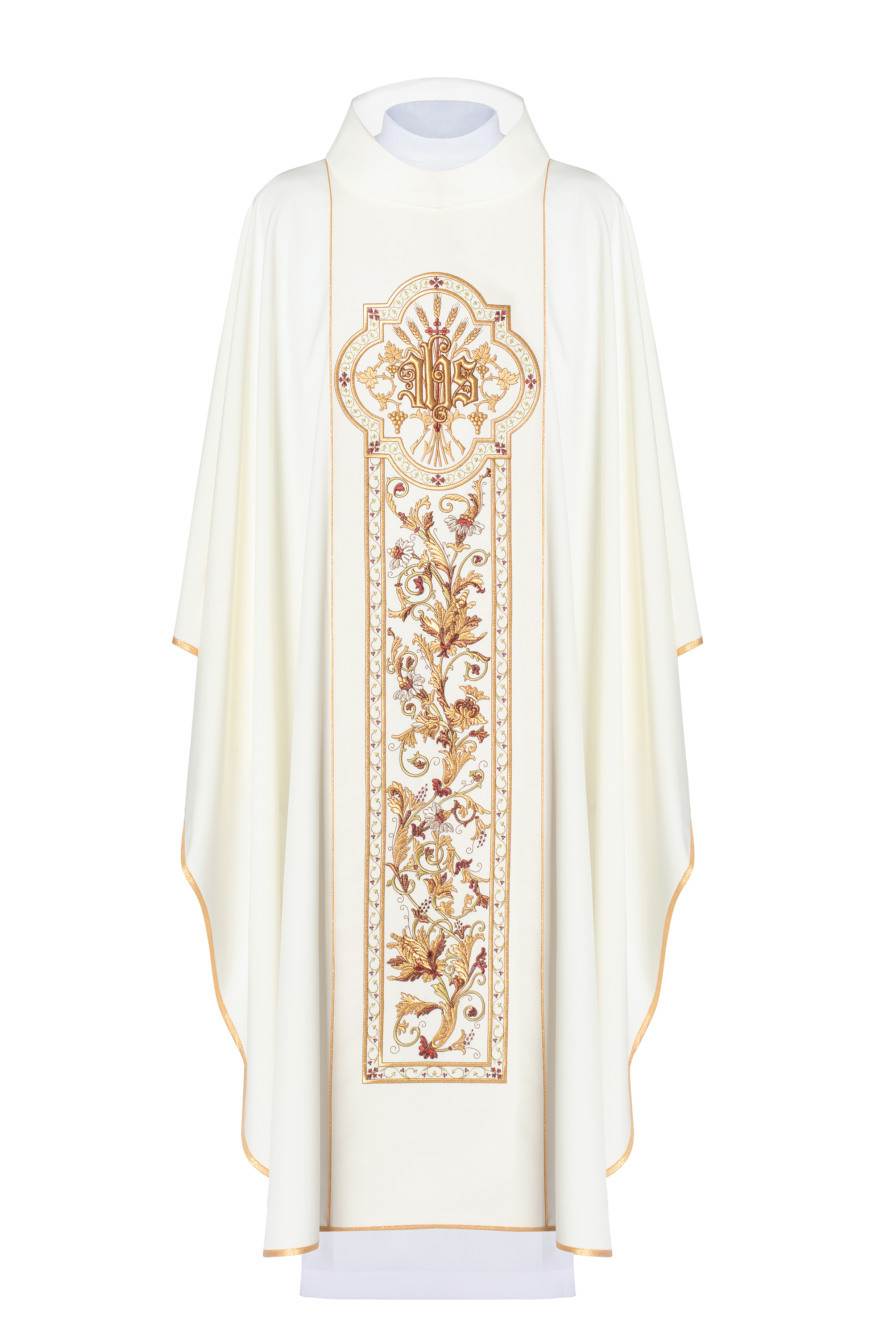 Chasuble richly adorned with IHS motif in ecru