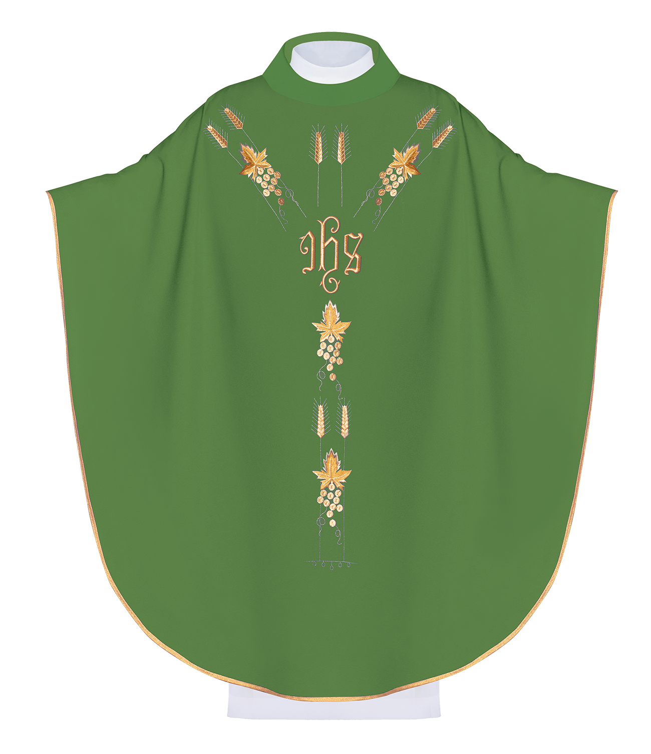 Chasuble embroidered with IHS and grape symbols in green - HAFTINAUSA.COM