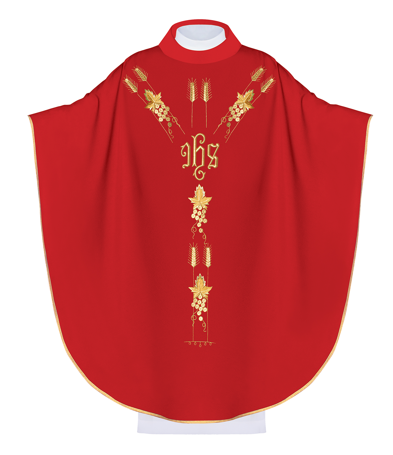 Chasuble embroidered with IHS and grape symbols in red - HAFTINAUSA.COM