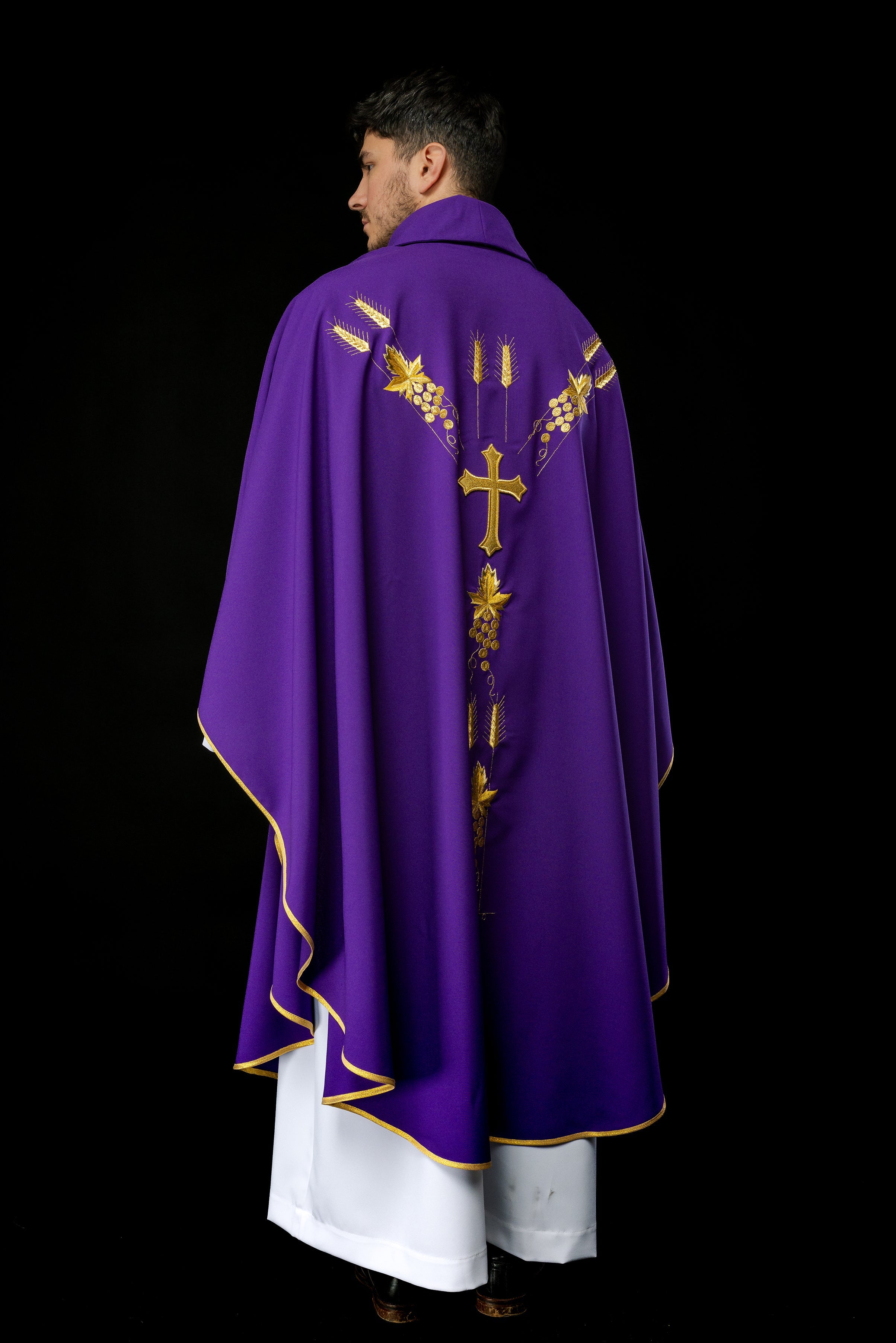 Chasuble embroidered with IHS and grape symbols in purple