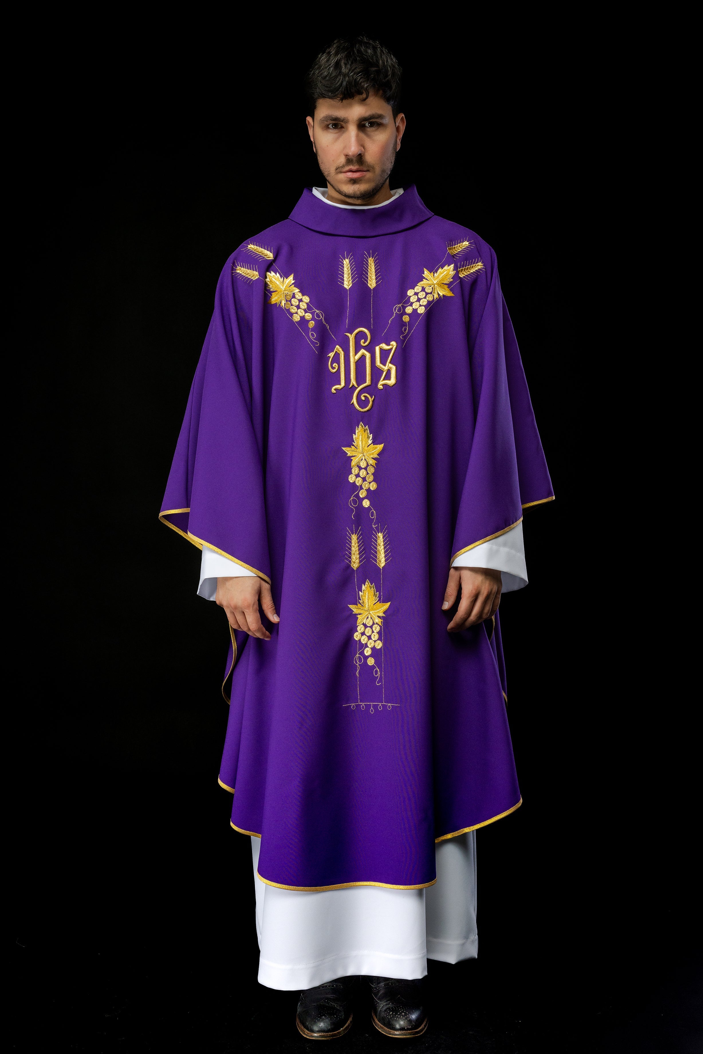 Chasuble embroidered with IHS and grape symbols in purple