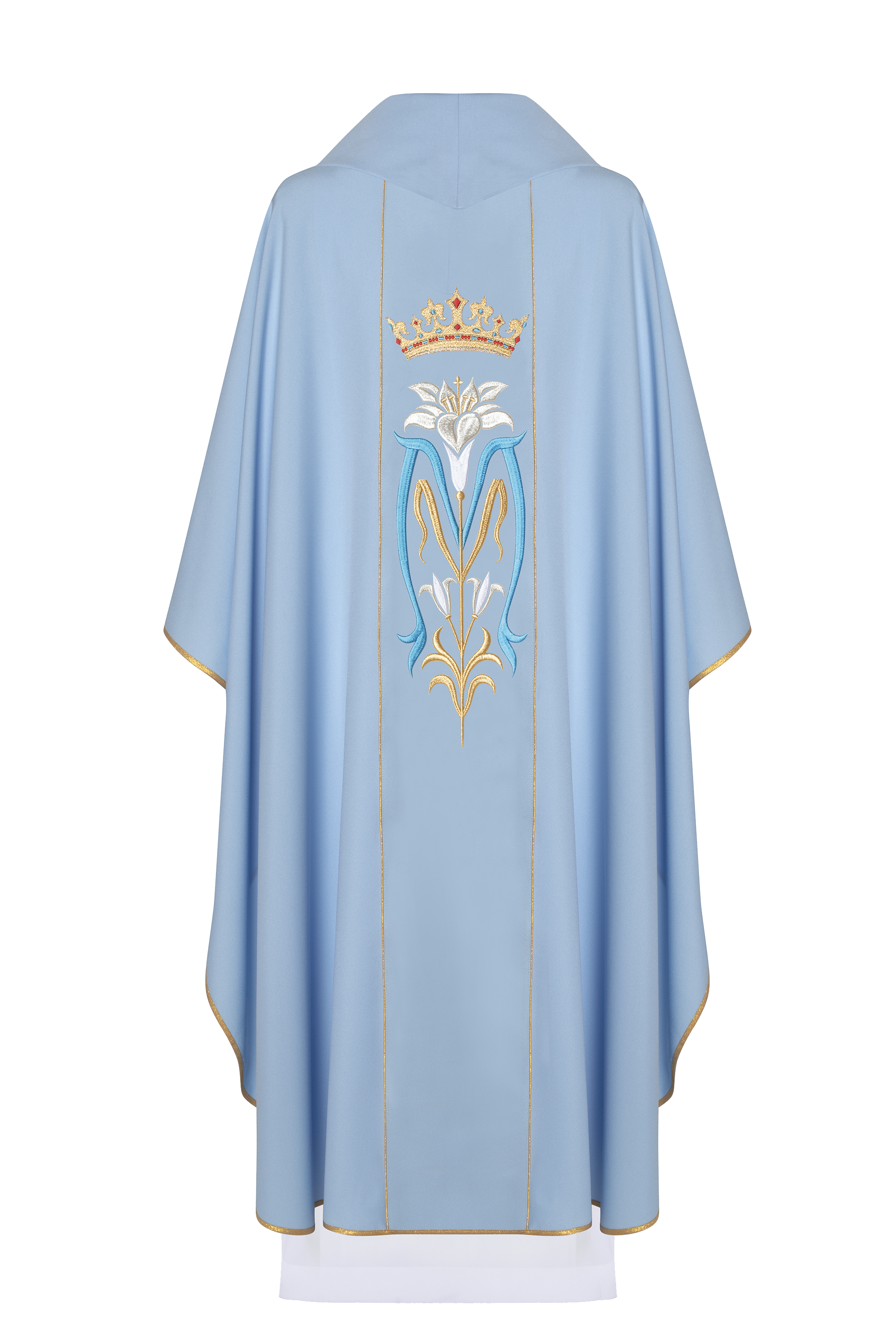 Blue liturgical Marian chasuble embroidered with a crown