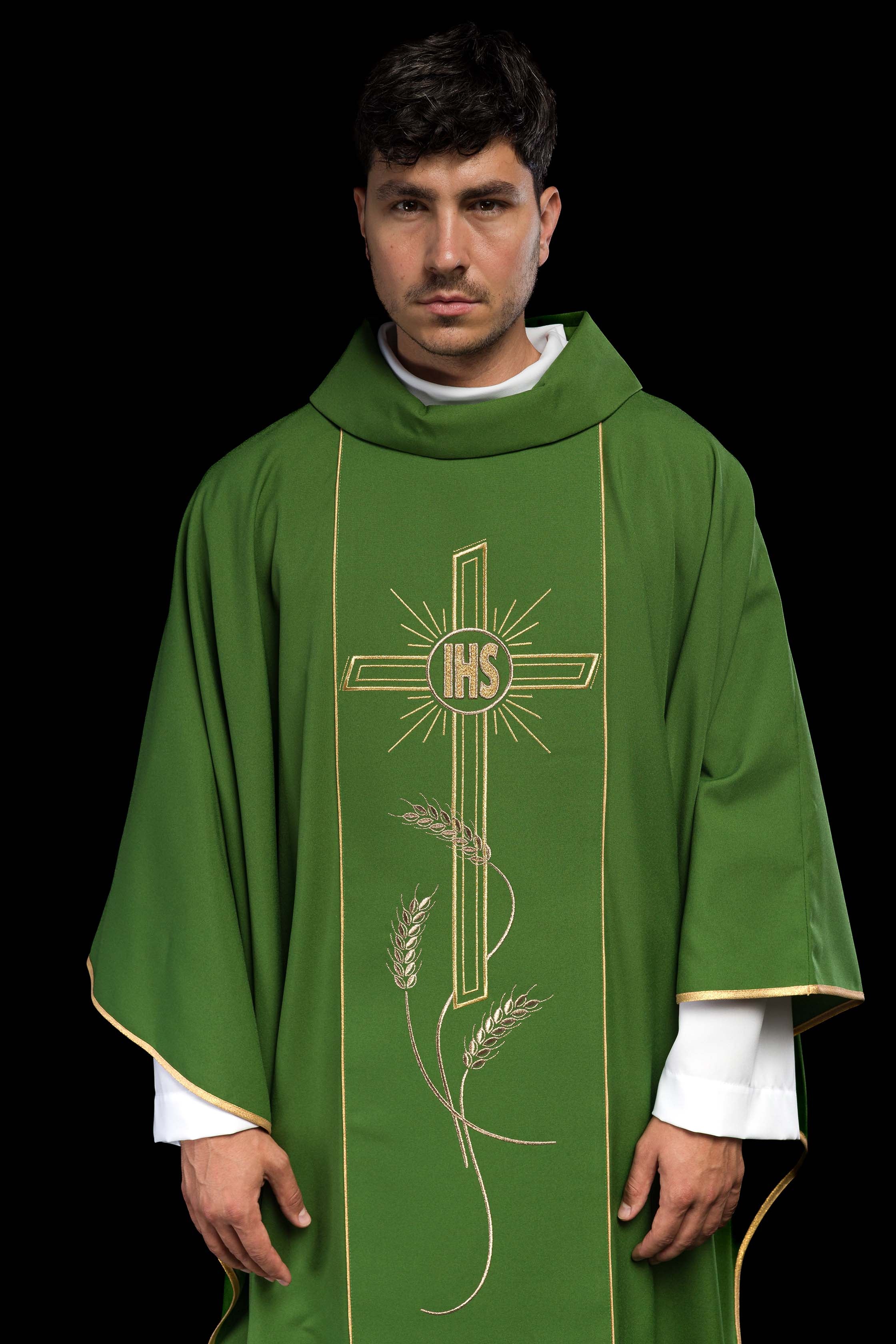 Green chasuble with embroidered Cross IHS symbol