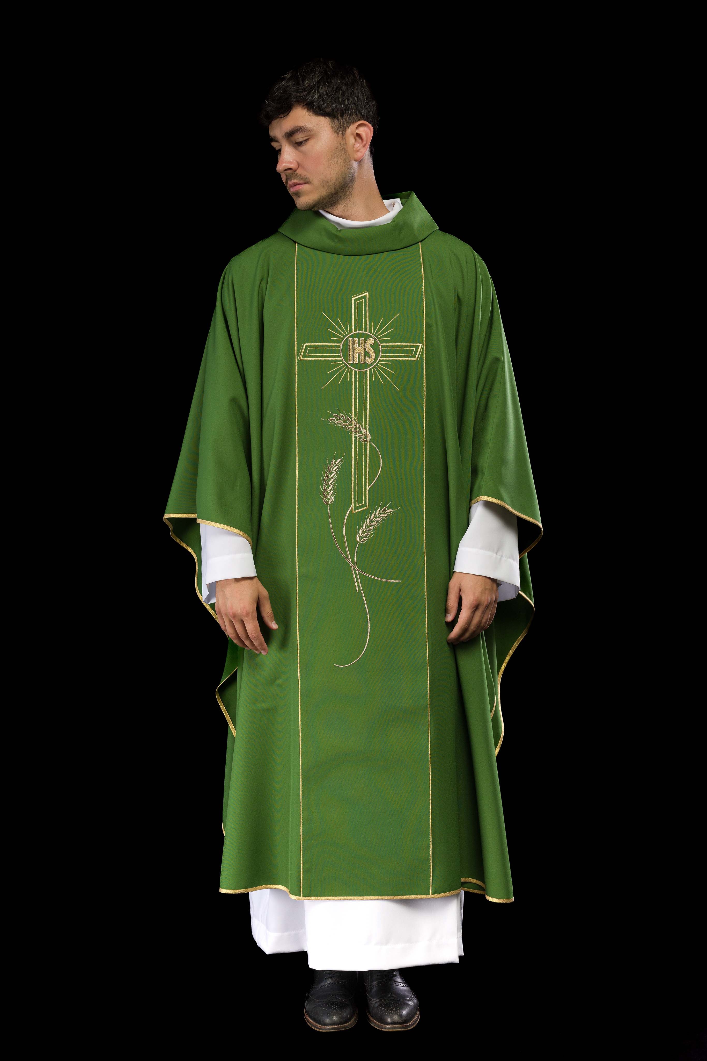 Green chasuble with embroidered Cross IHS symbol