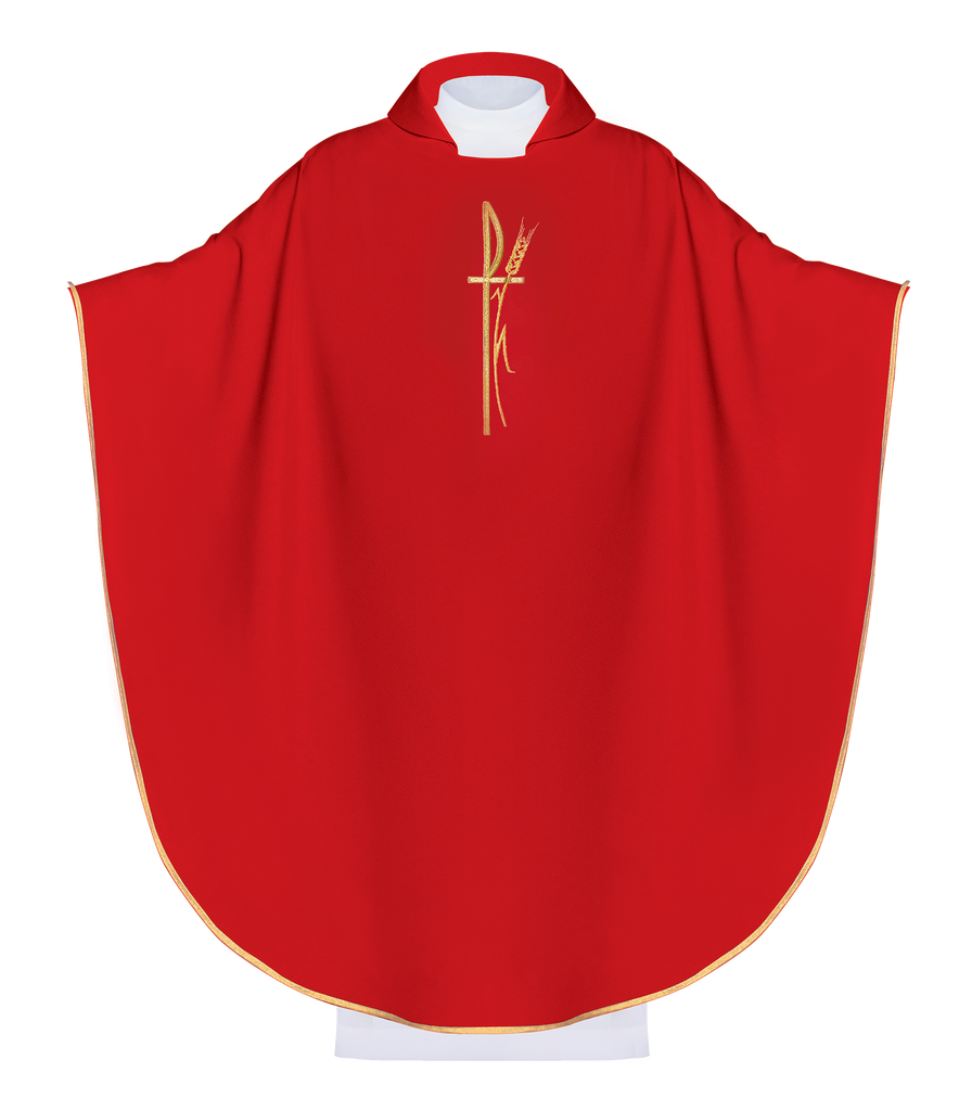 Red liturgical chasuble with wide collar and delicately embroidered cross