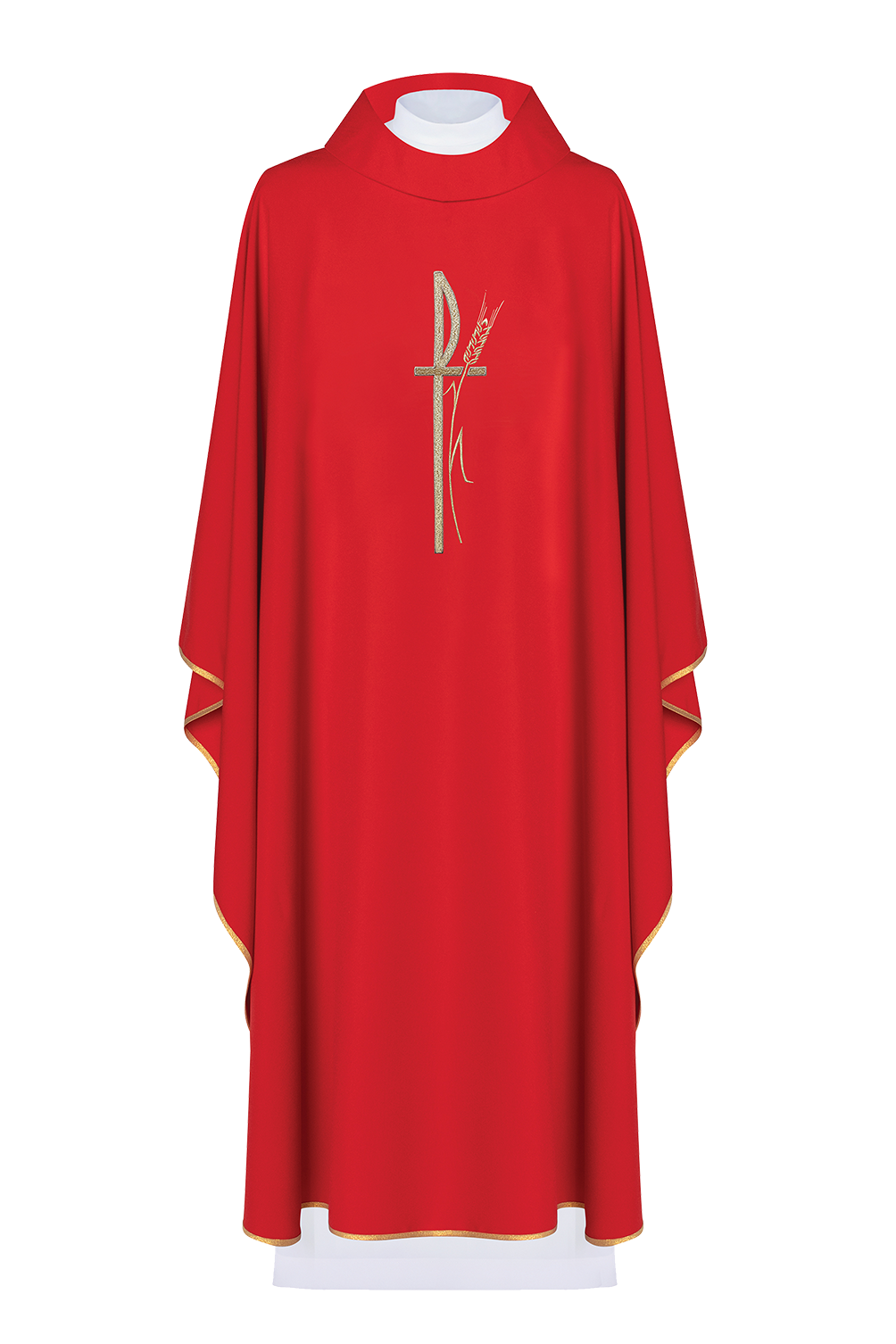 Red liturgical chasuble with wide collar and delicately embroidered cross