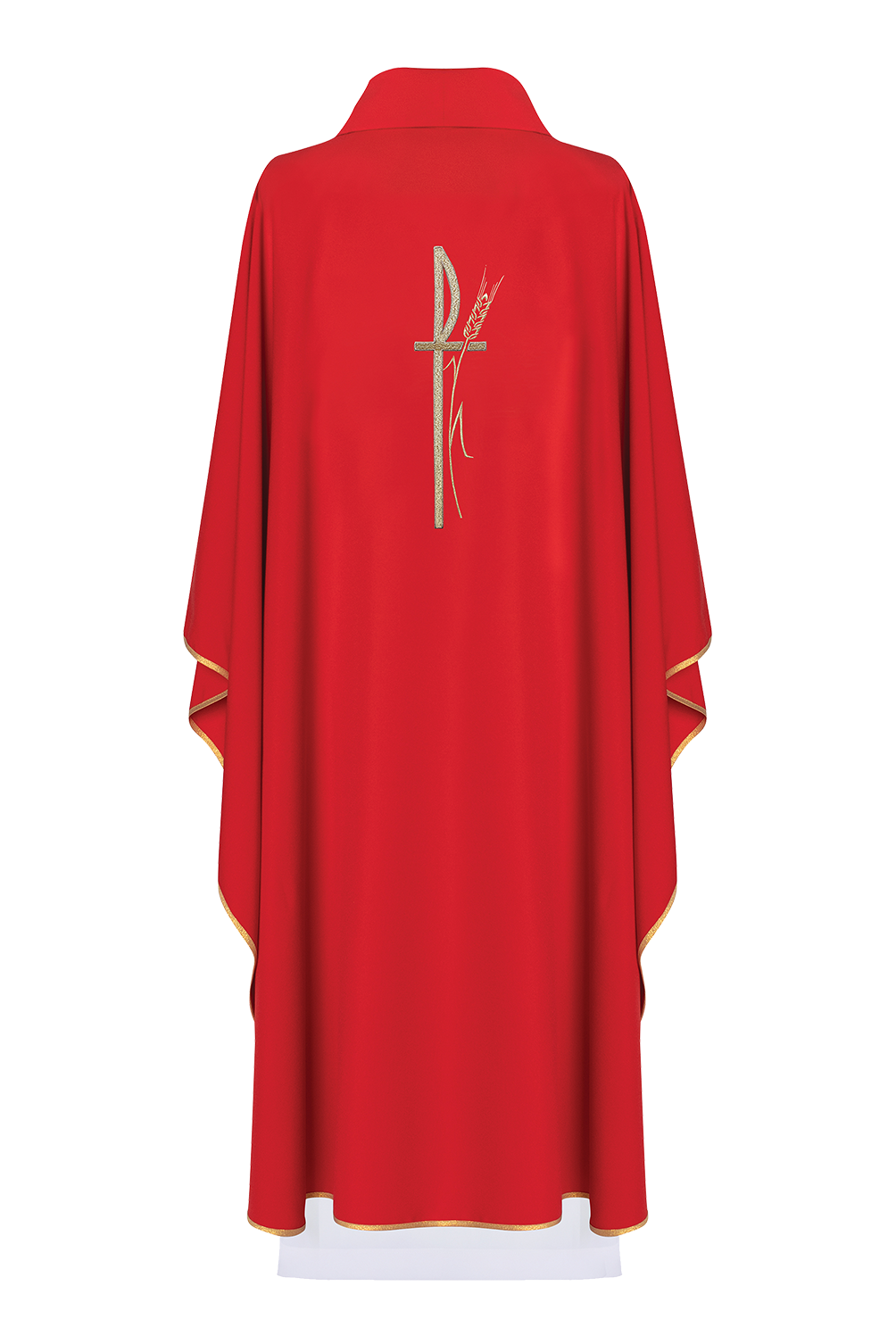 Red liturgical chasuble with wide collar and delicately embroidered cross