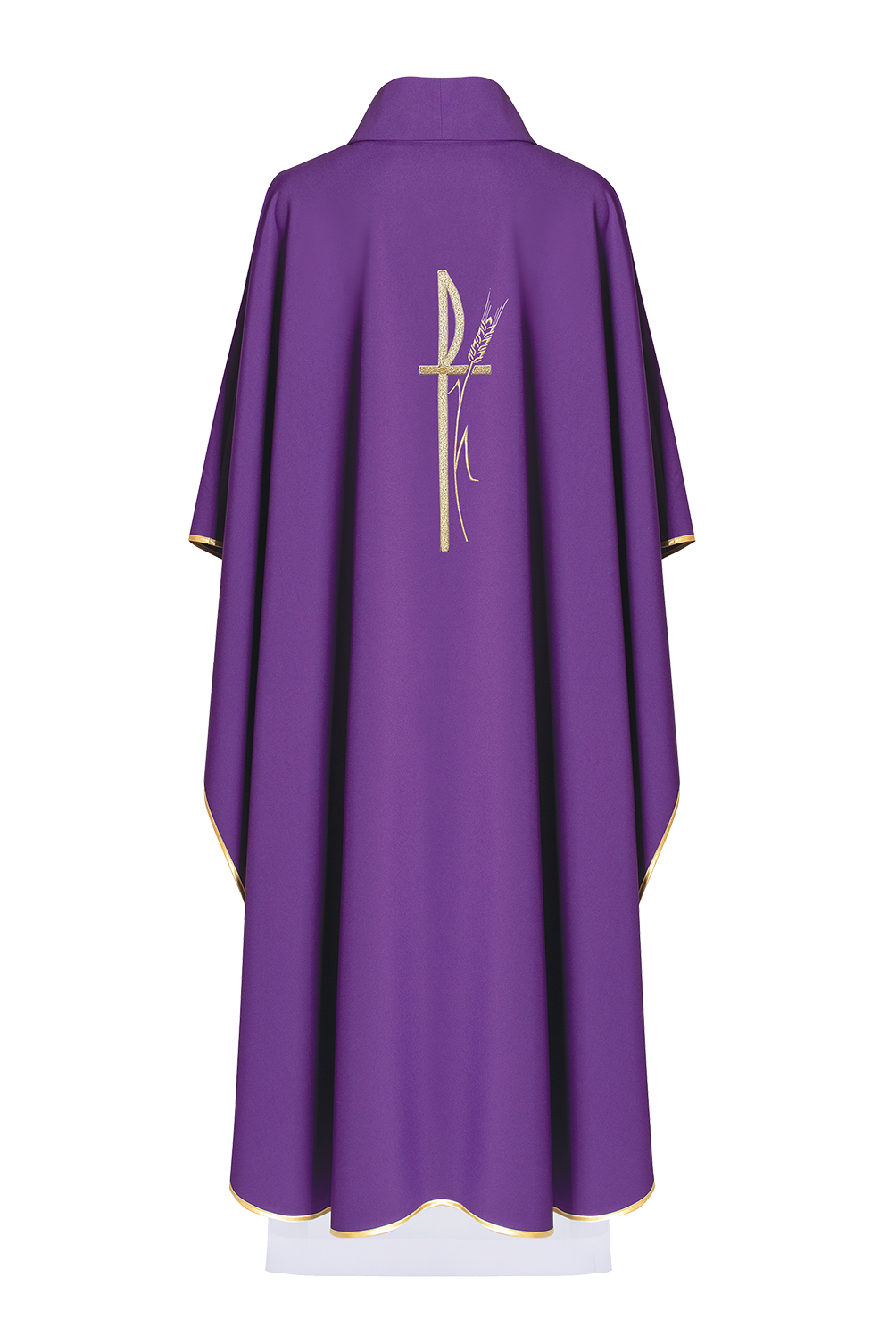 Purple liturgical chasuble with wide collar and delicately embroidered cross