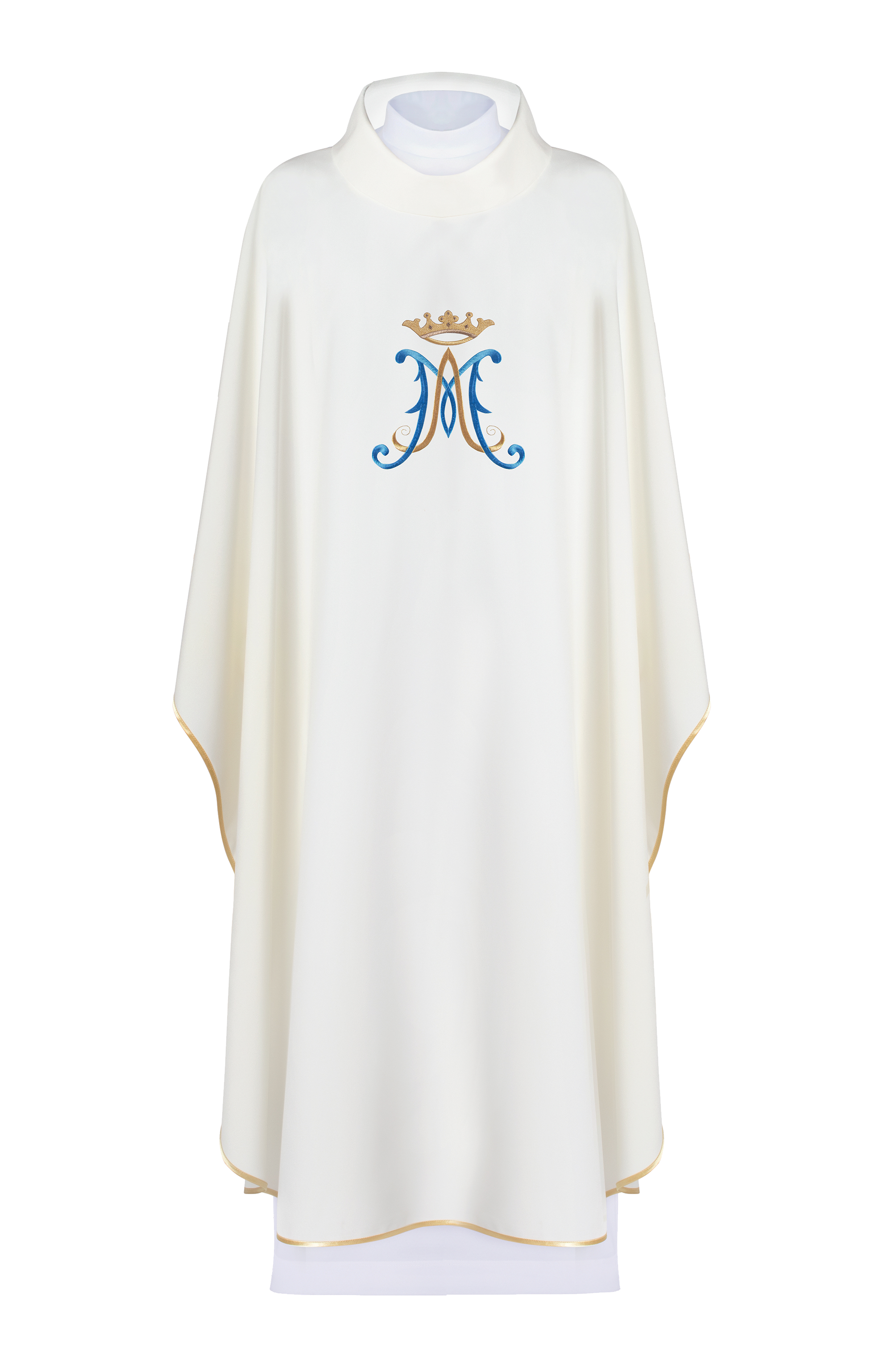 Embroidered chasuble with wide collar and Marian motif ecru