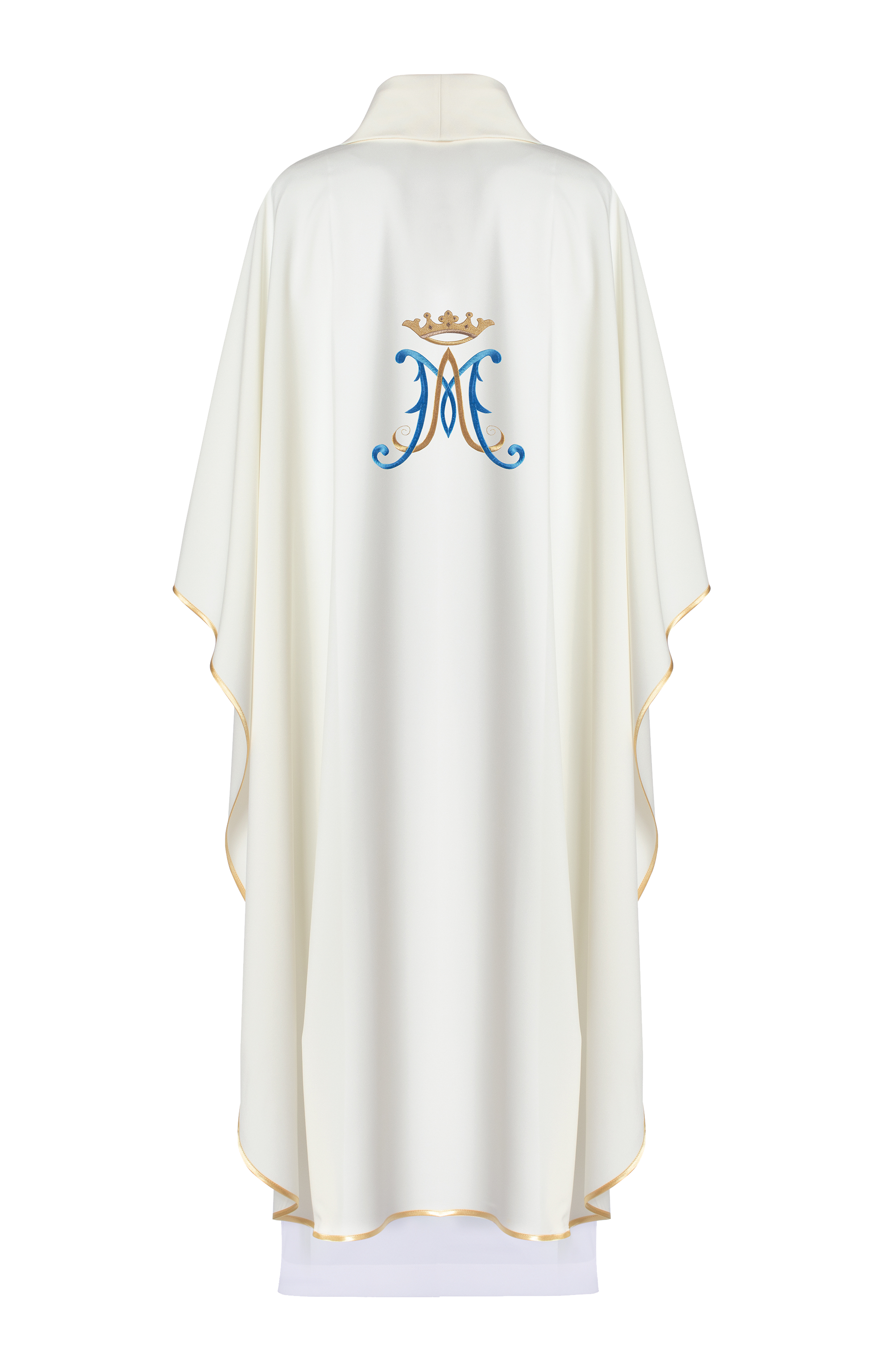 Embroidered chasuble with wide collar and Marian motif ecru