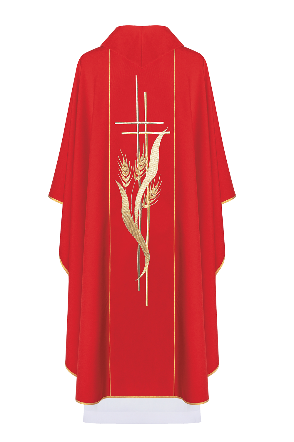 Red chasuble embroidered with motifs of cross and wheat - HAFTINAUSA.COM