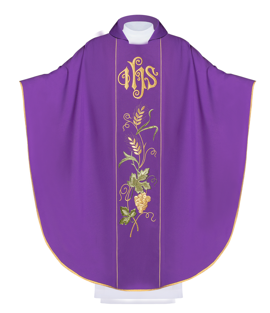 Purple chasuble with wide collar and embroidery of IHS, ears and grapes