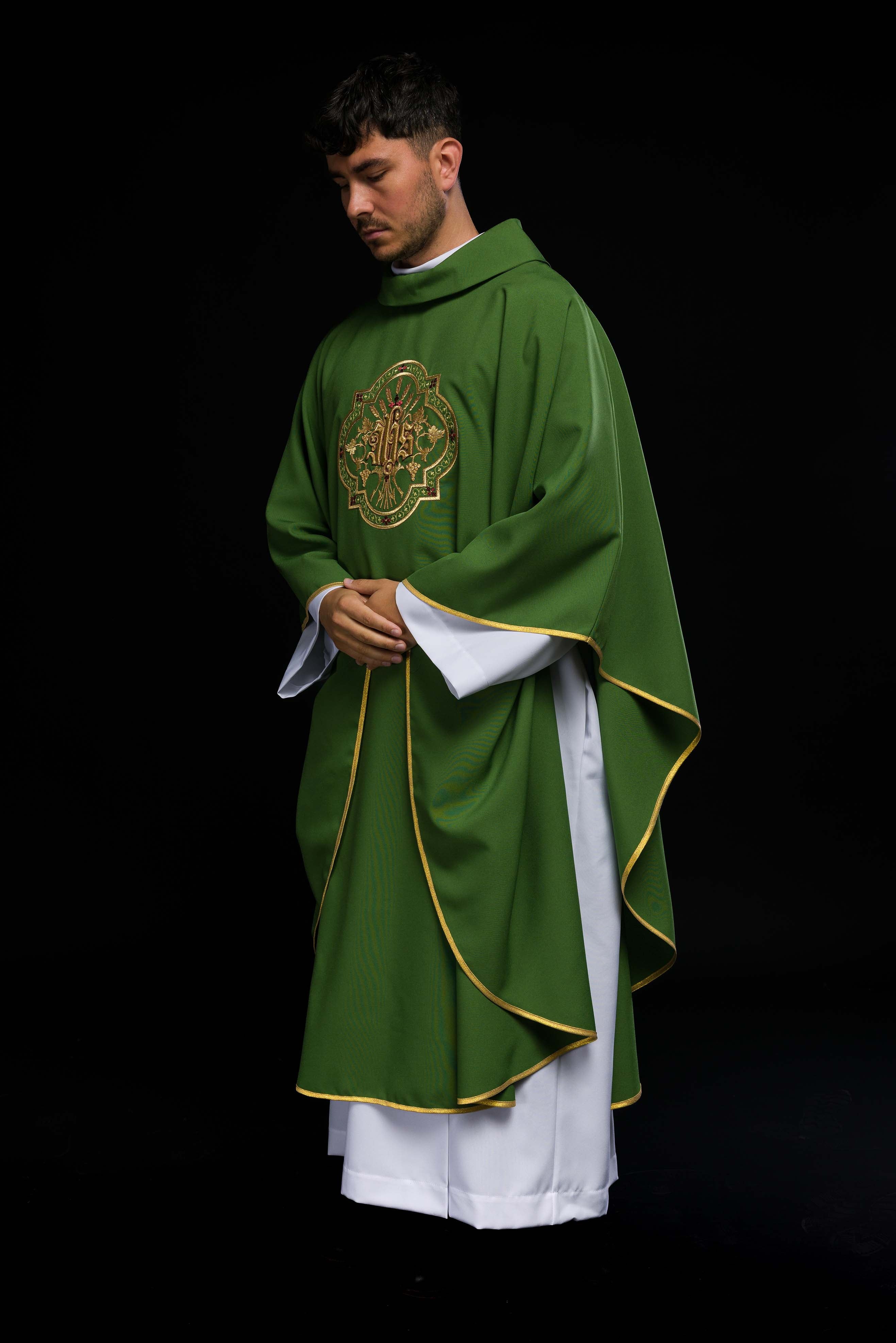 Green chasuble with IHS and PAX embroidery