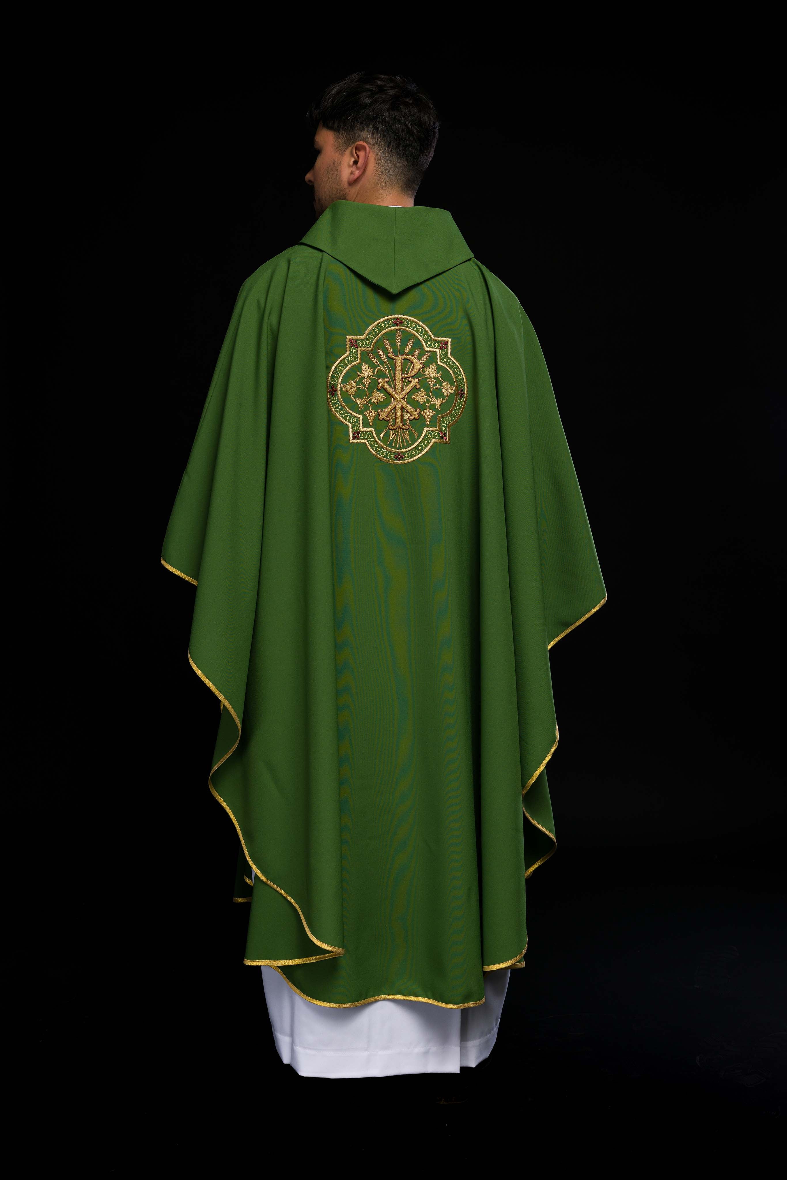Green chasuble with IHS and PAX embroidery