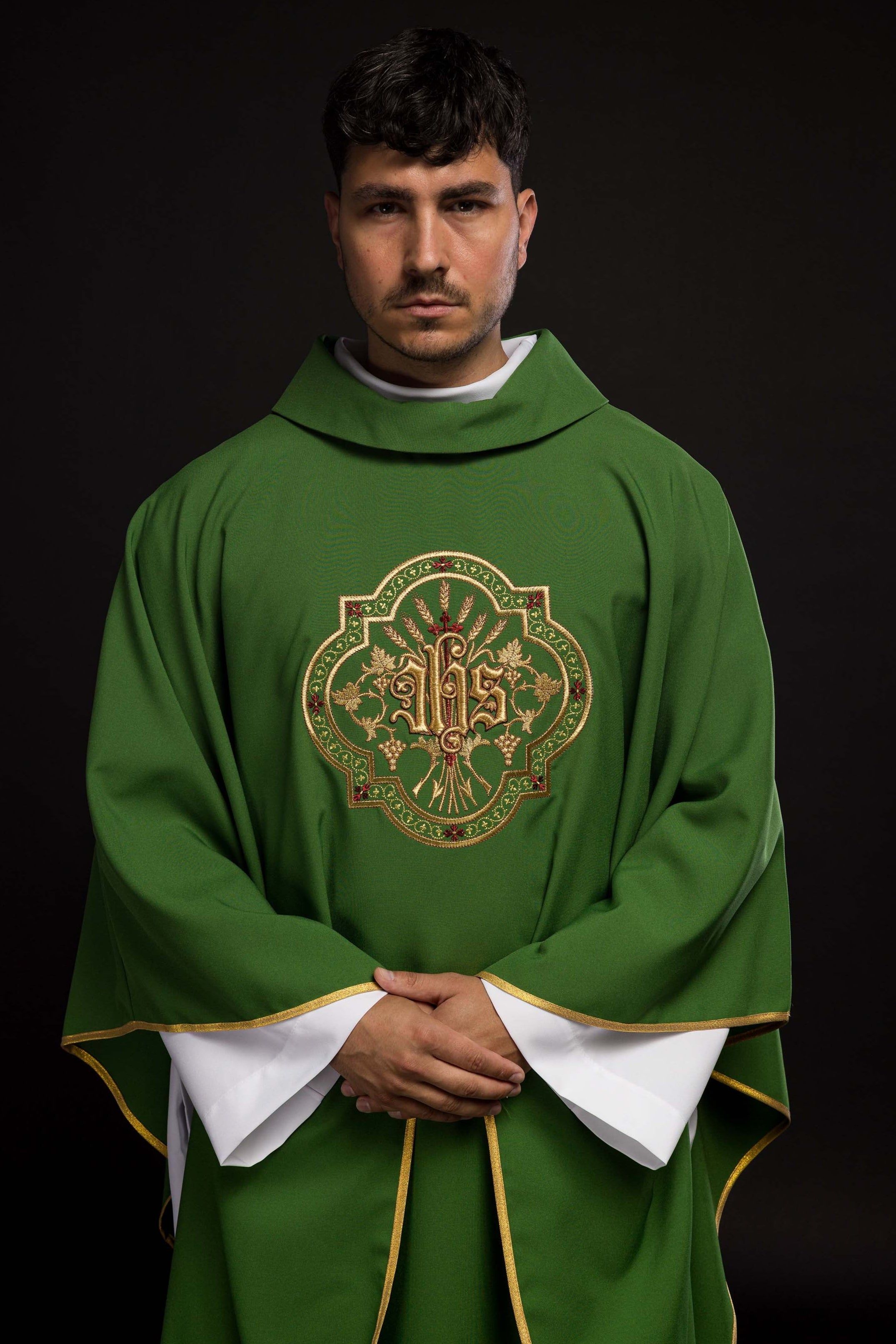 Green chasuble with IHS and PAX embroidery
