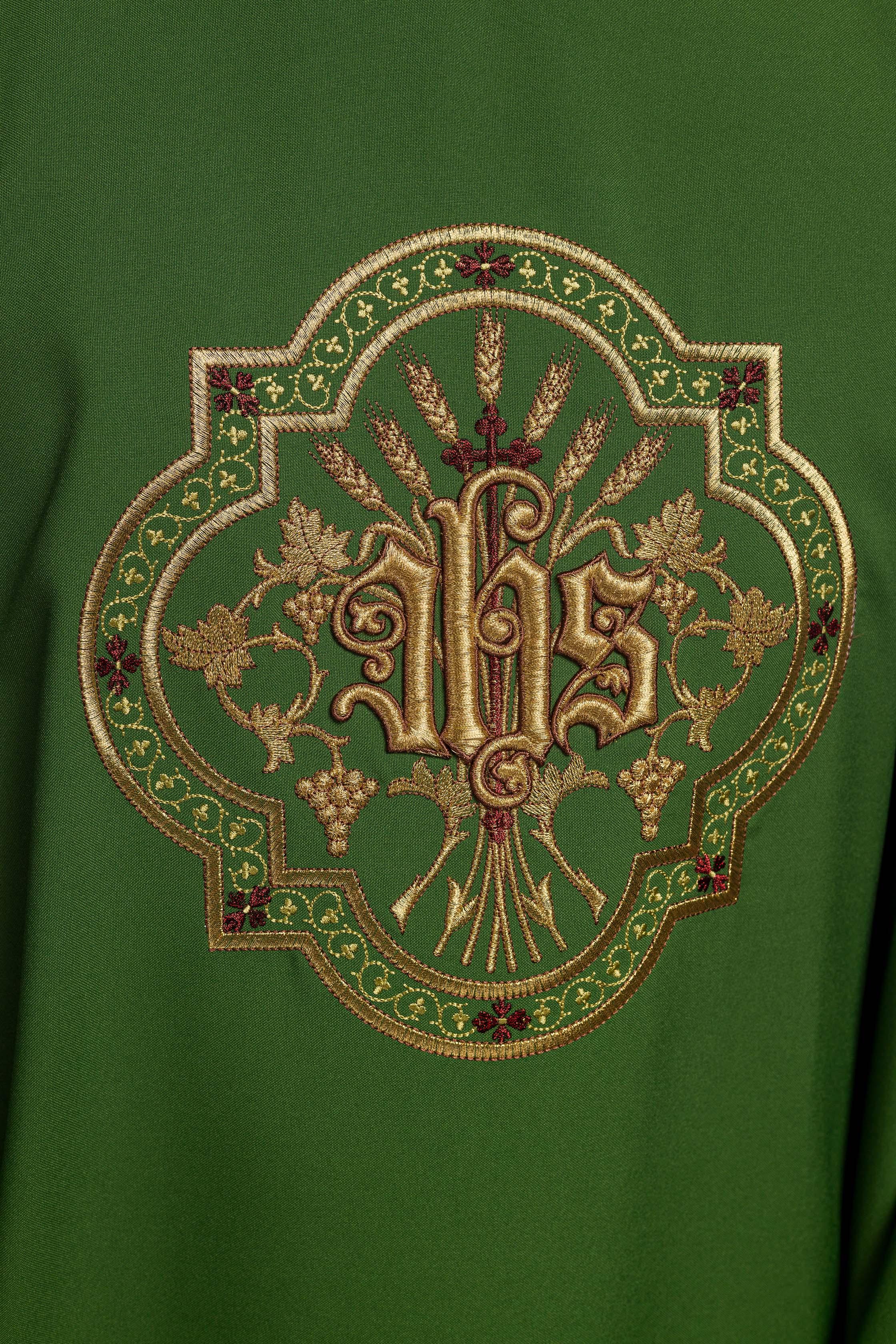 Green chasuble with IHS and PAX embroidery