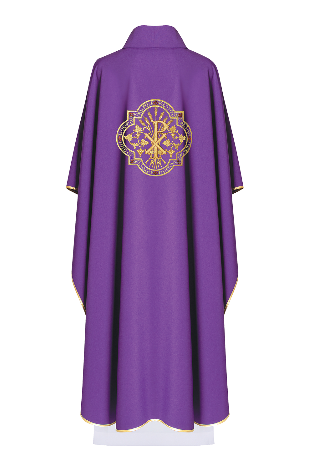 Purple chasuble with IHS and PAX embroidery