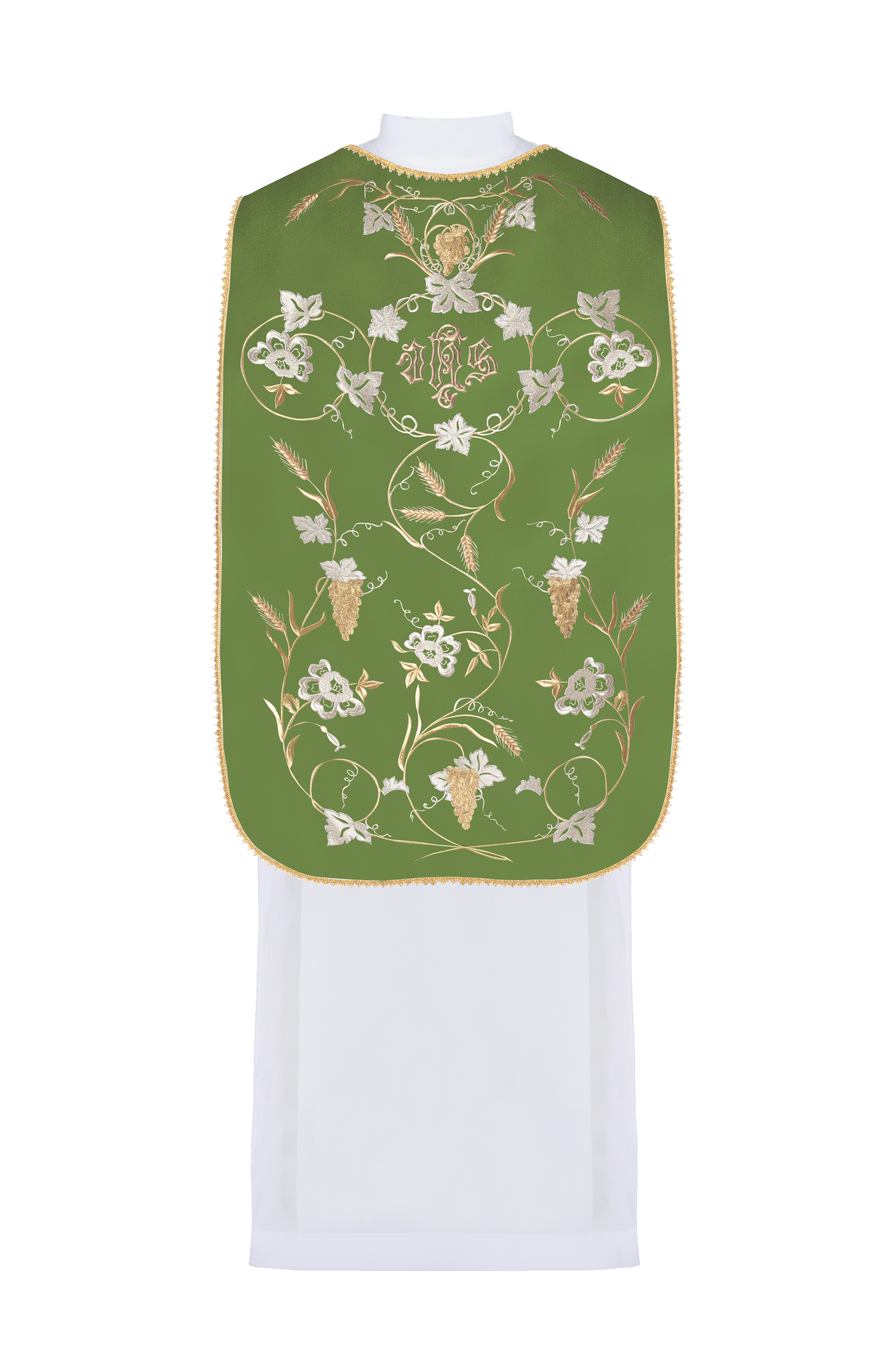 Green Roman Chasuble with the motif of IHS, ears of wheat, and grapes