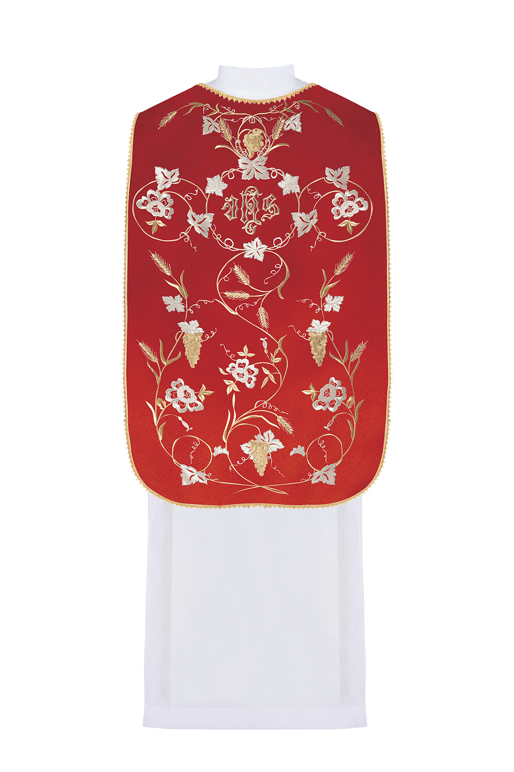 Red Roman Chasuble with the motif of IHS, ears of wheat, and grapes