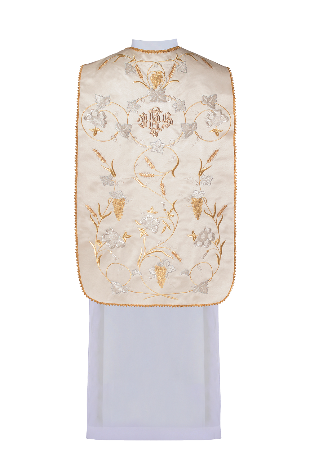 Roman Chasuble IHS with the motif of ears of wheat and grapes in ecru - HAFTINAUSA.COM