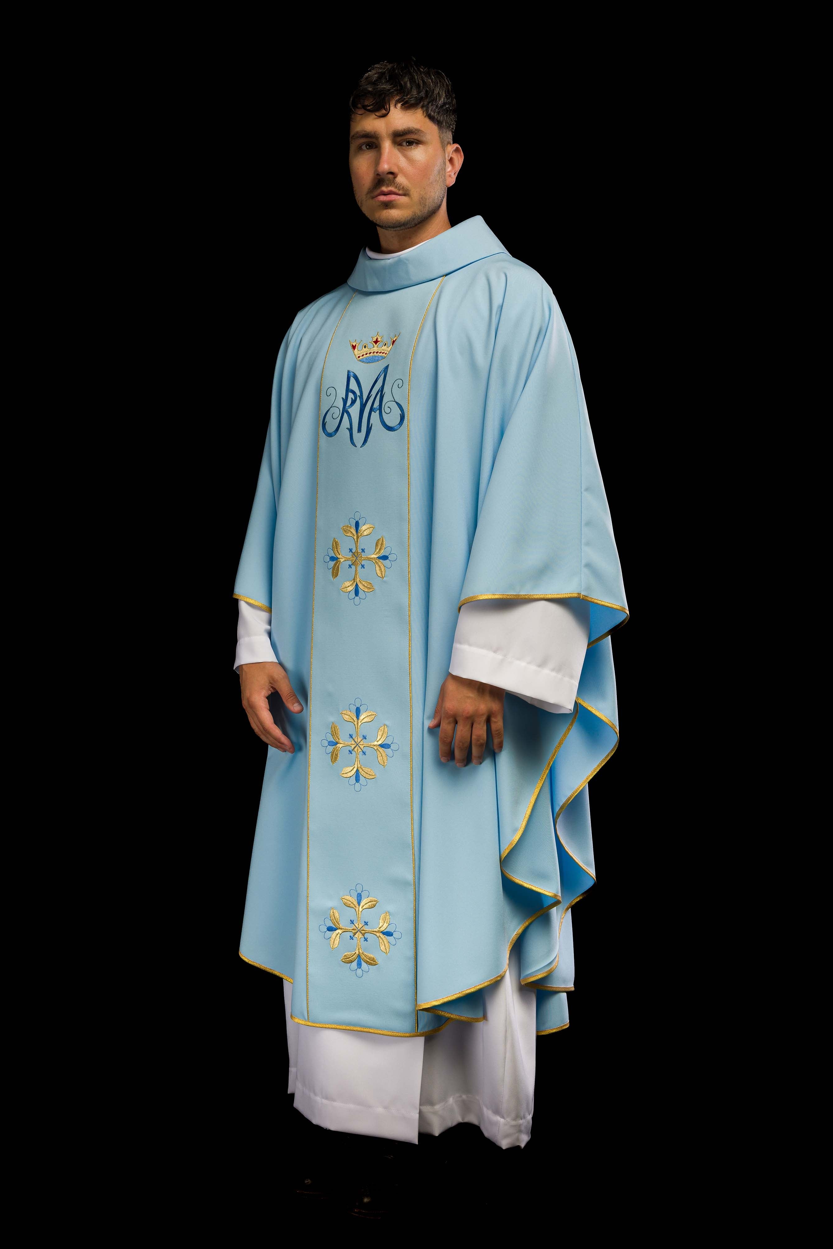 Blue liturgical chasuble with gold Marian embroidery