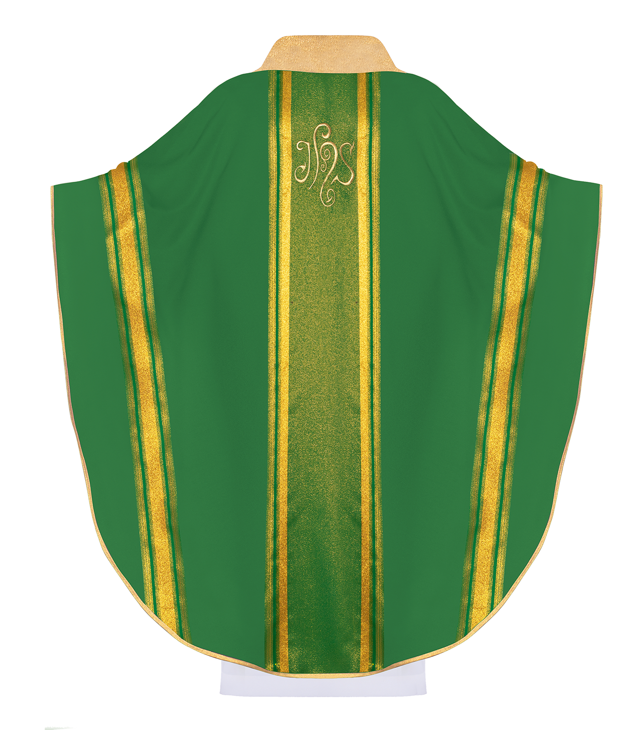 Green chasuble embroidered with IHS motif with gilding