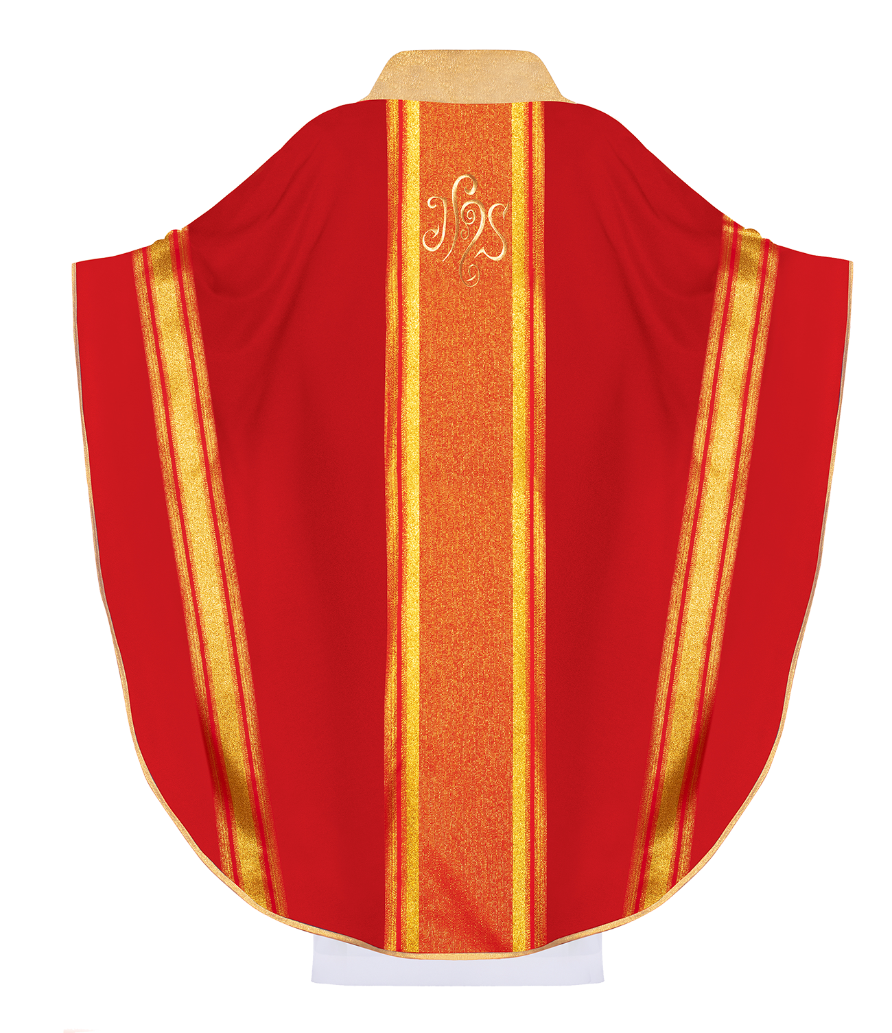 Red chasuble embroidered with IHS motif with gilding