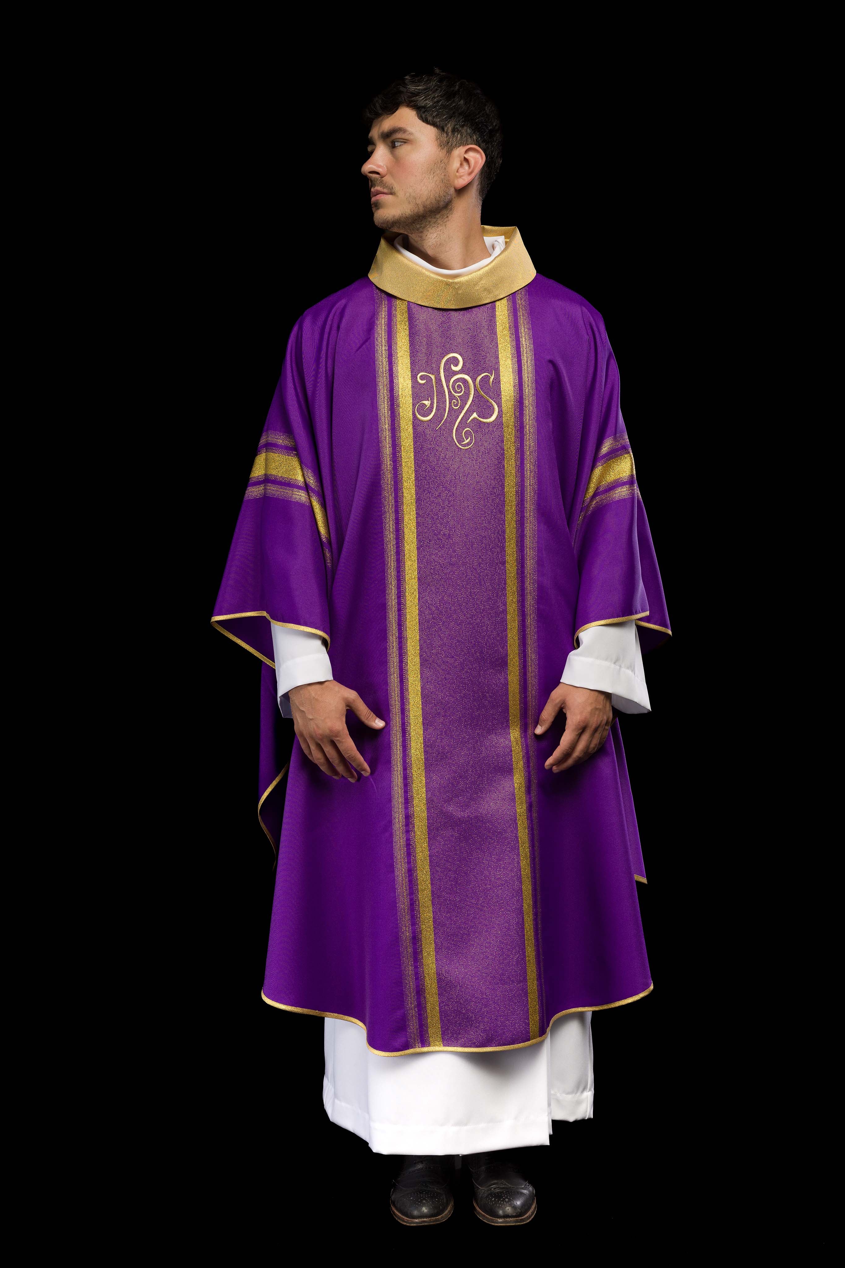 Purple chasuble embroidered with IHS motif with gilding