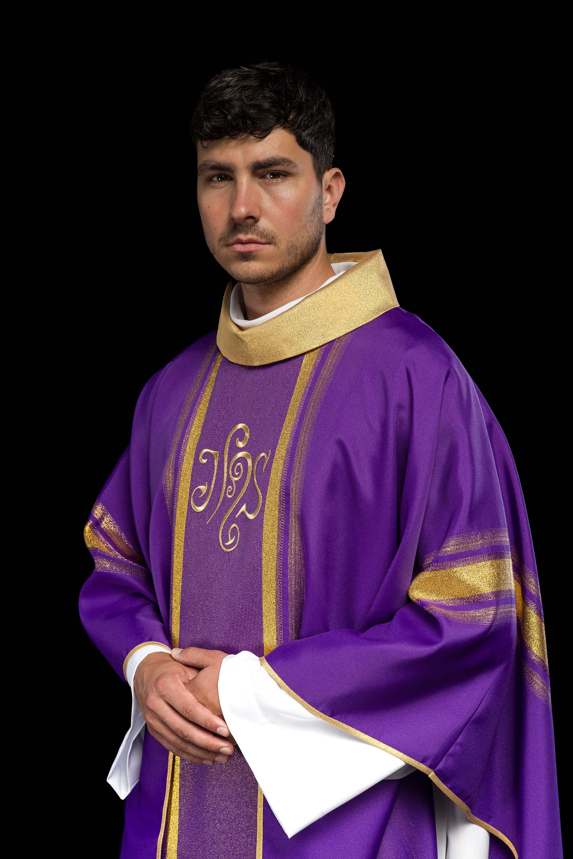Purple chasuble embroidered with IHS motif with gilding