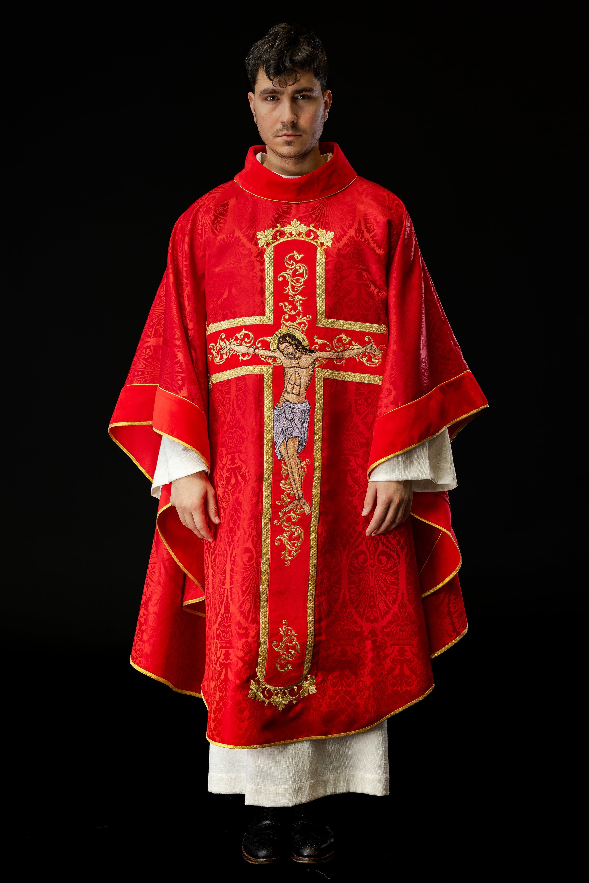 Exquisite red chasuble with Jesus Christ embroidered front and back