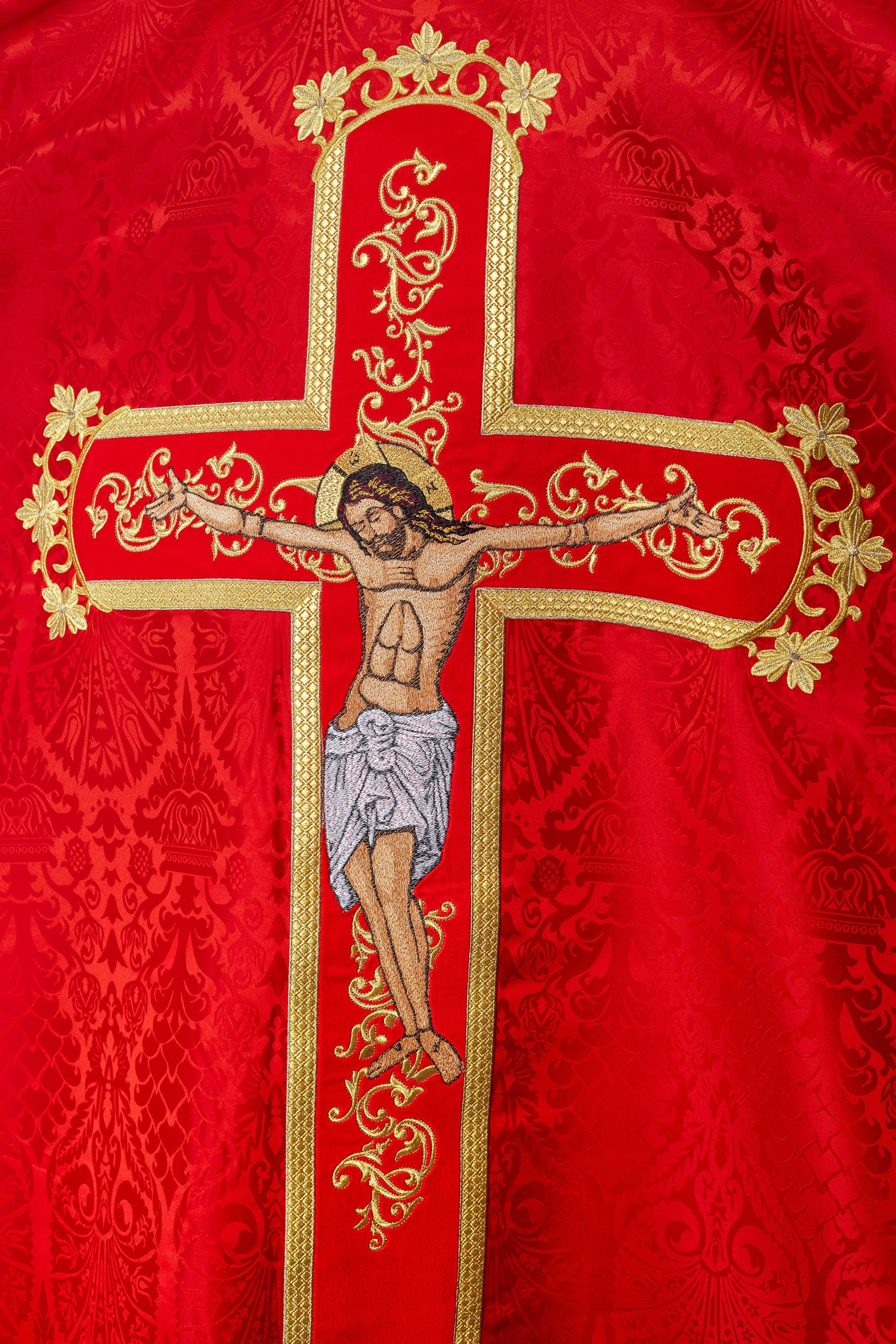 Exquisite red chasuble with Jesus Christ embroidered front and back