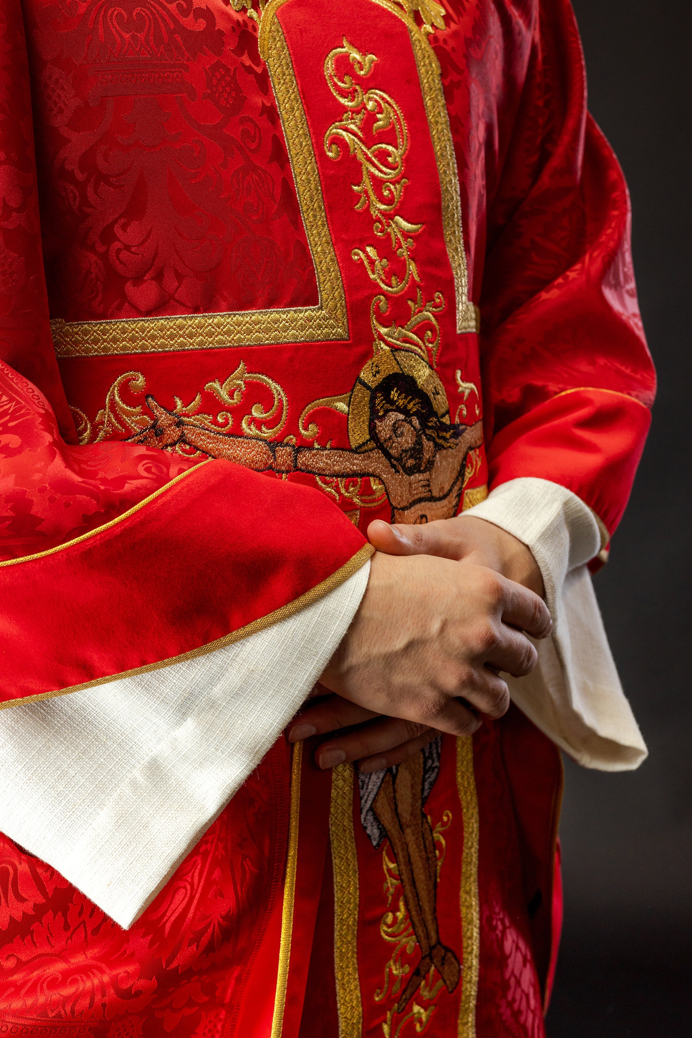 Exquisite red chasuble with Jesus Christ embroidered front and back