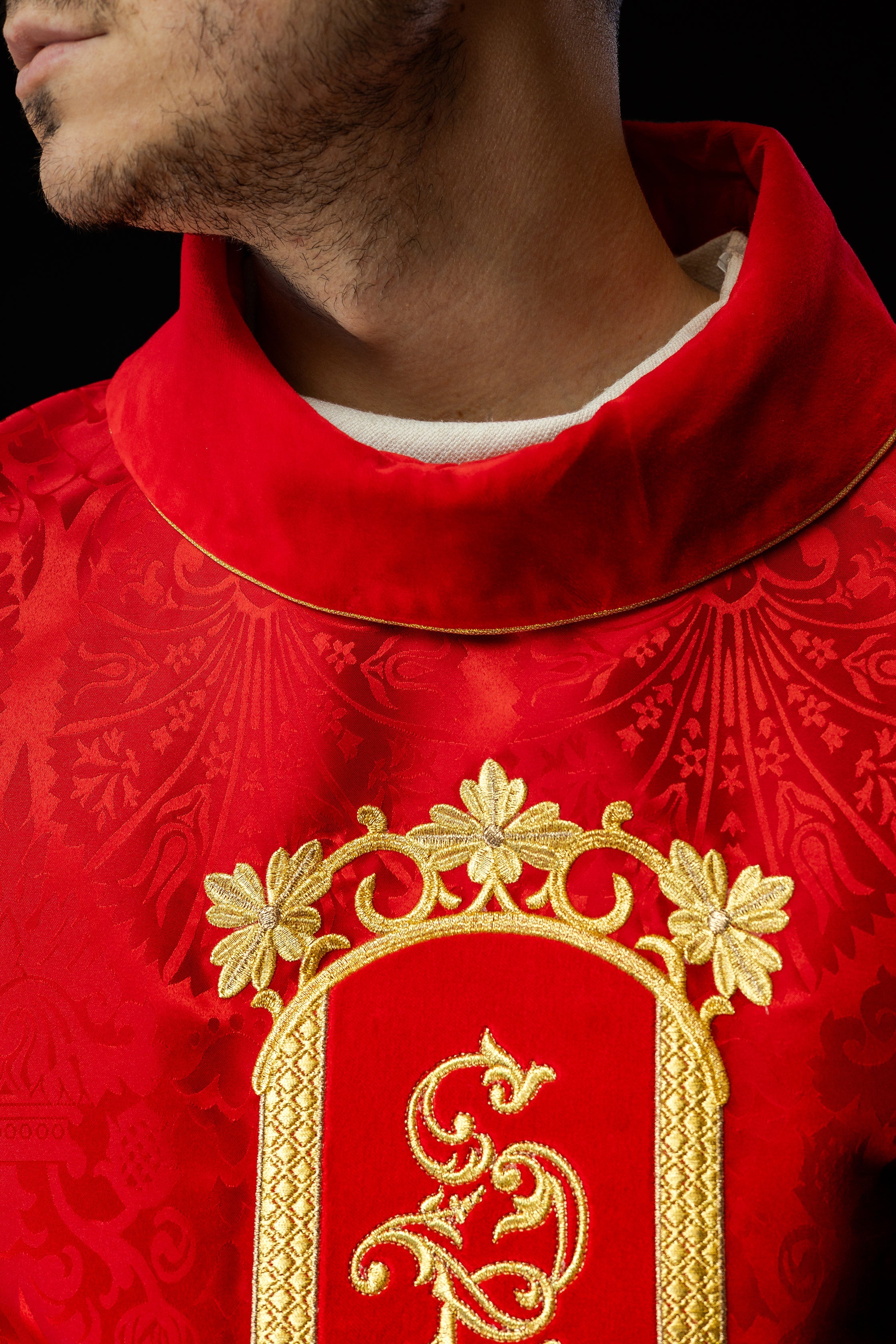 Exquisite red chasuble with Jesus Christ embroidered front and back