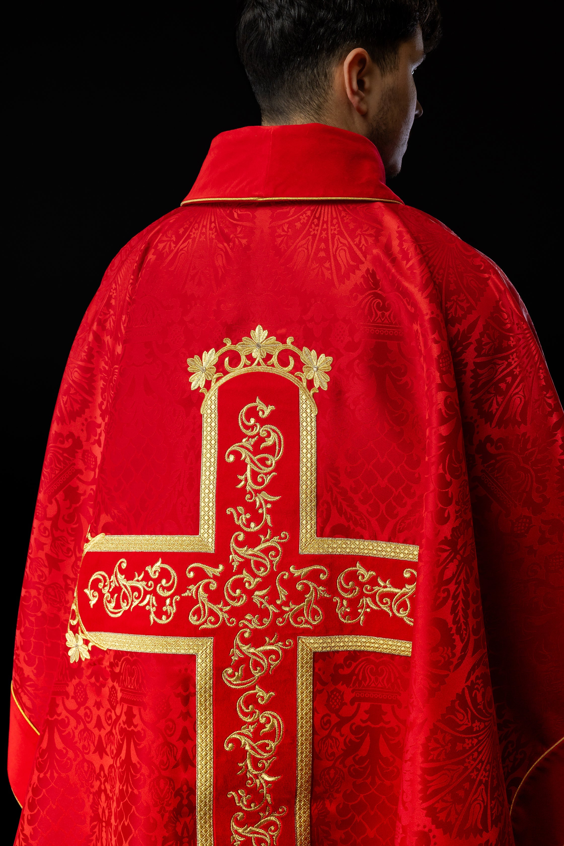 Exquisite red chasuble with Jesus Christ embroidered front and back