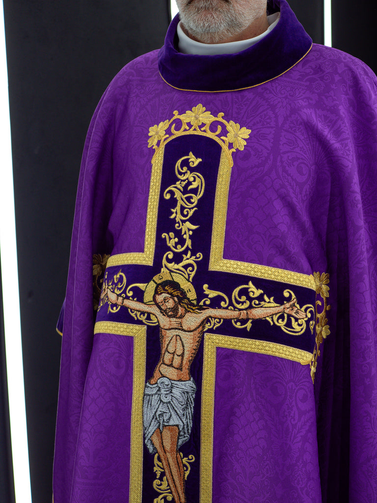Purple chasuble with Jesus Christ on Cross embroidery