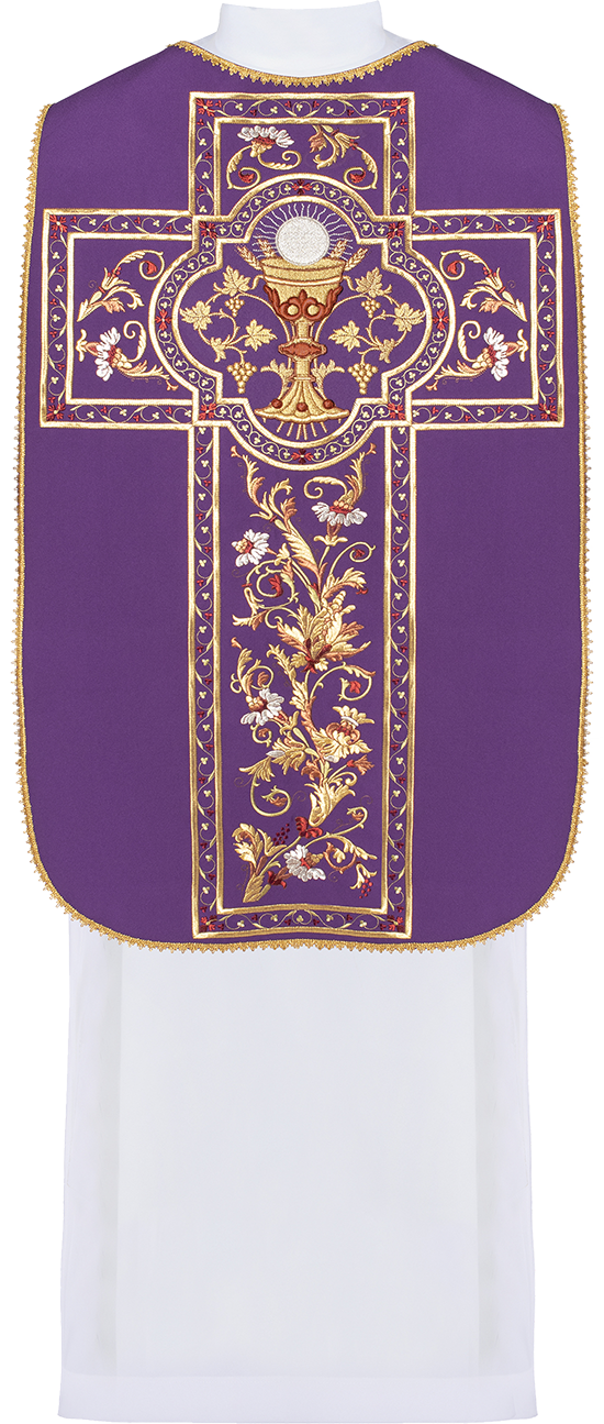 Purple Roman Chasuble embroidered with the motif of the Eucharistic chalice