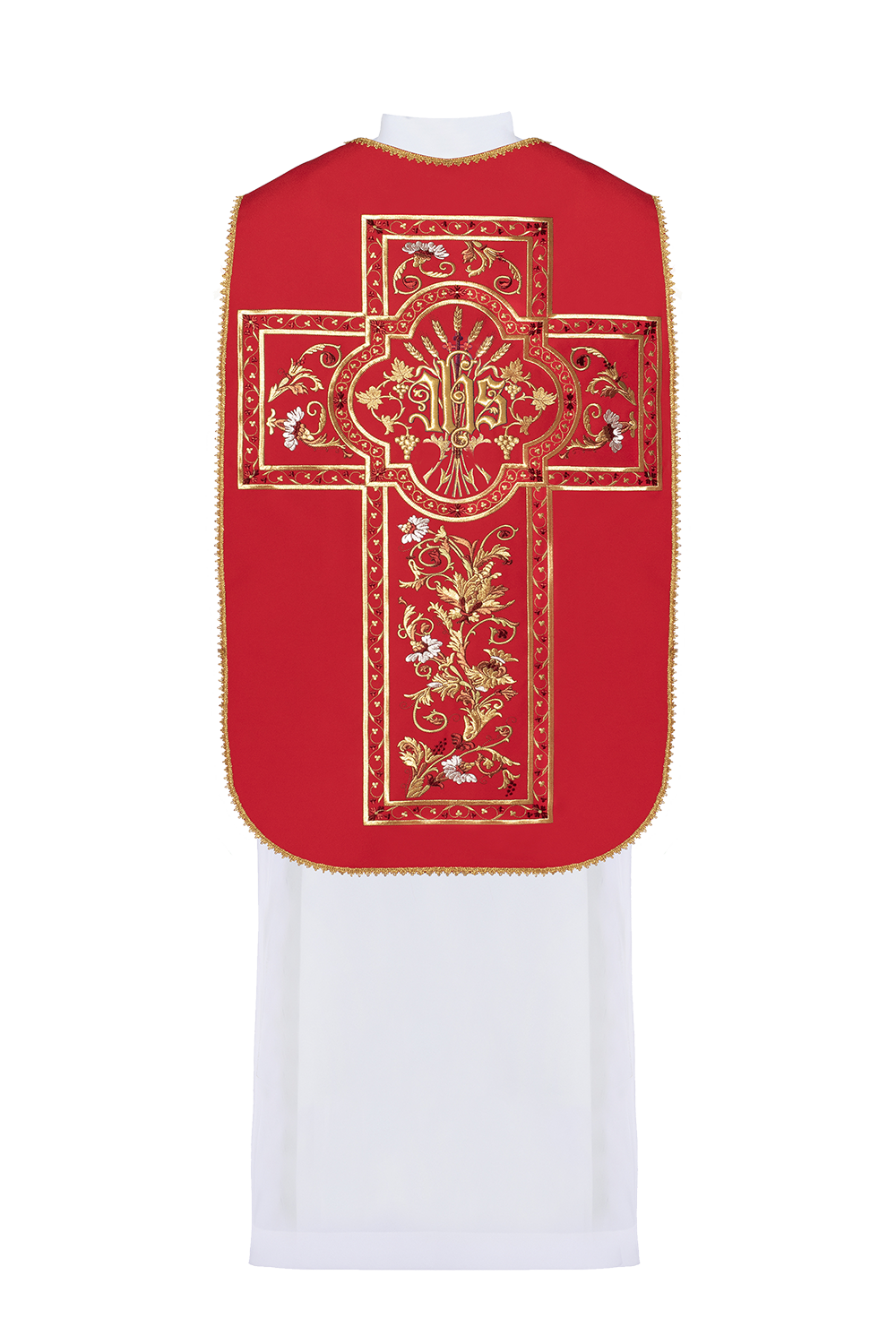 Red Roman Chasuble embroidered with the motif of IHS - HAFTINAUSA.COM