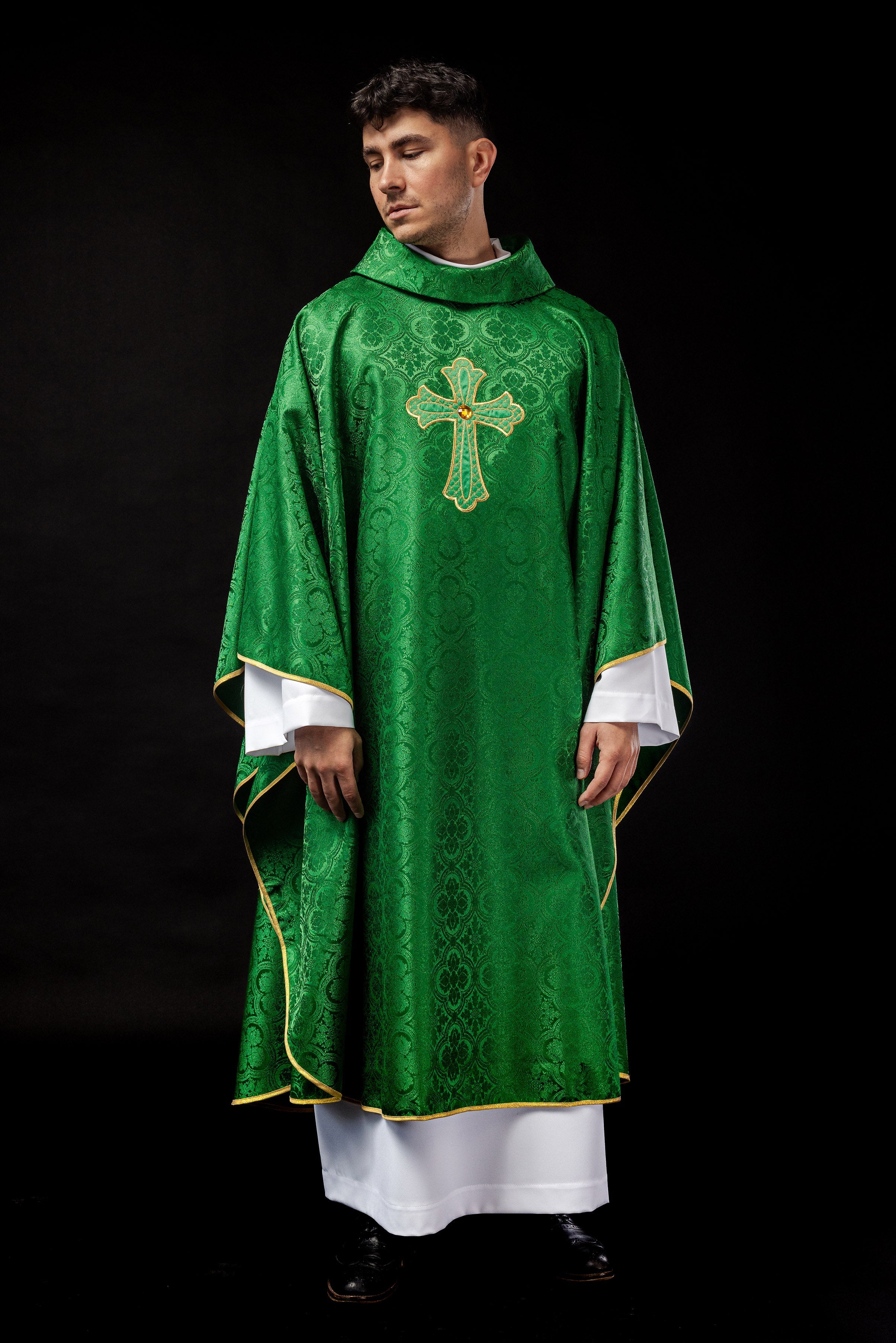 Green chasuble with gold cross